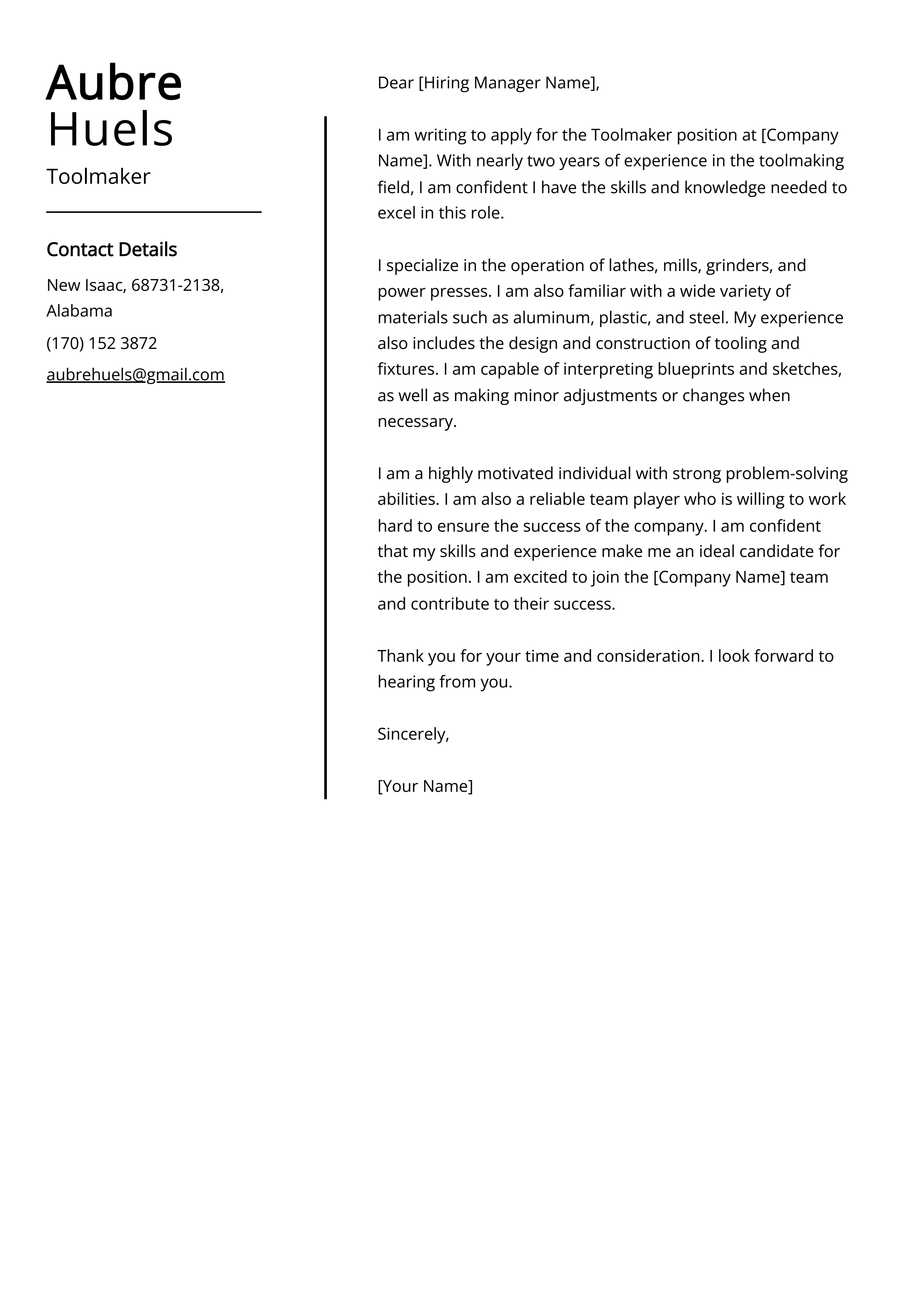 Toolmaker Cover Letter Example