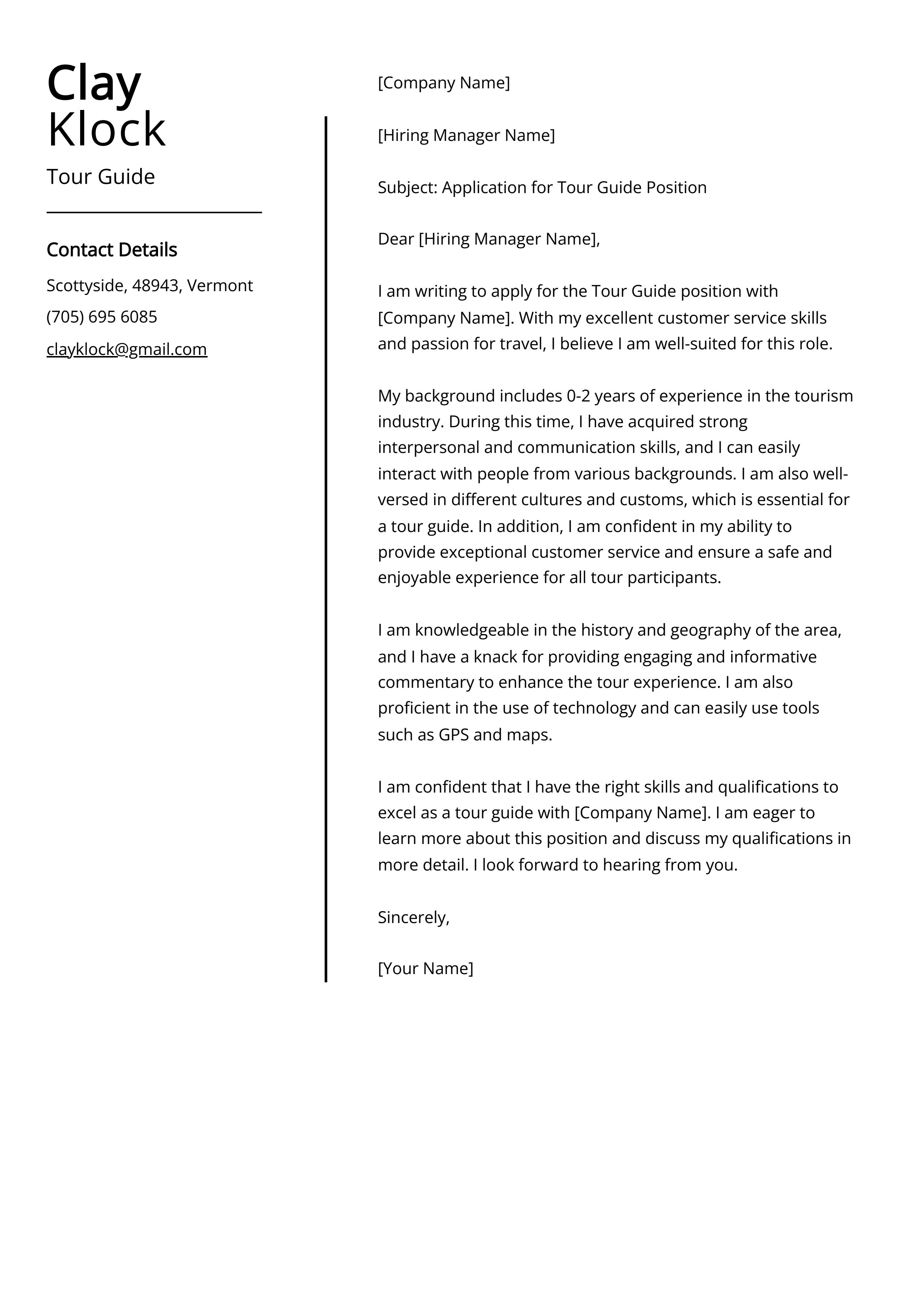 Experienced Tour Guide Cover Letter Example