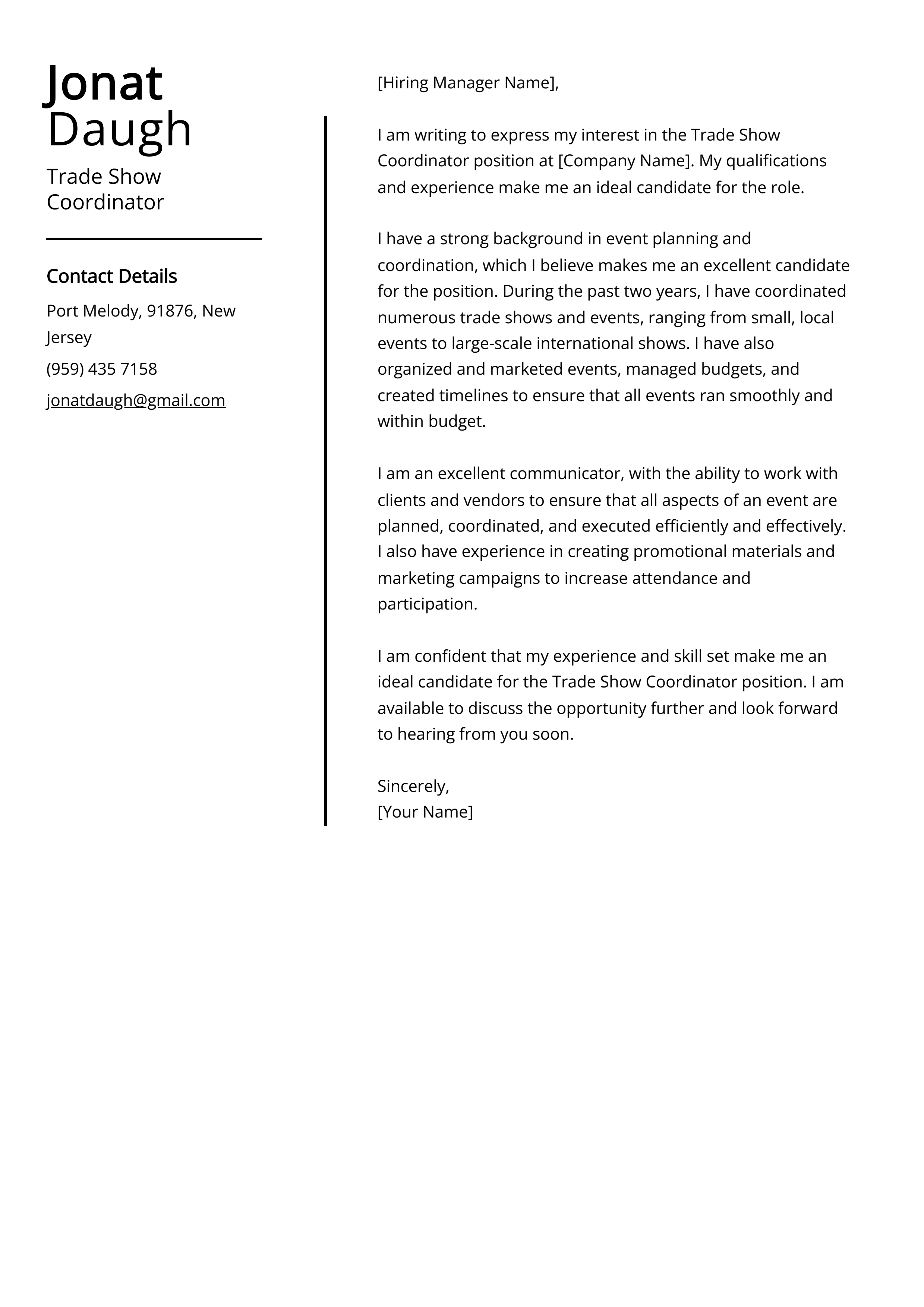 Trade Show Coordinator Cover Letter Example