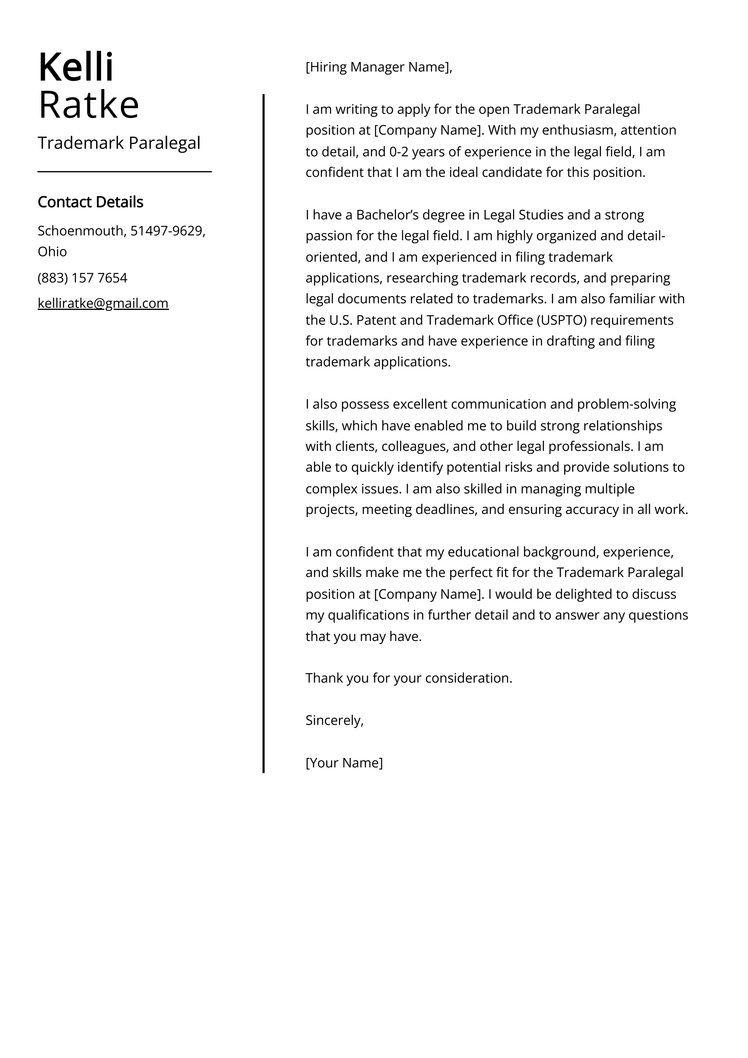 Trademark Paralegal Cover Letter Example
