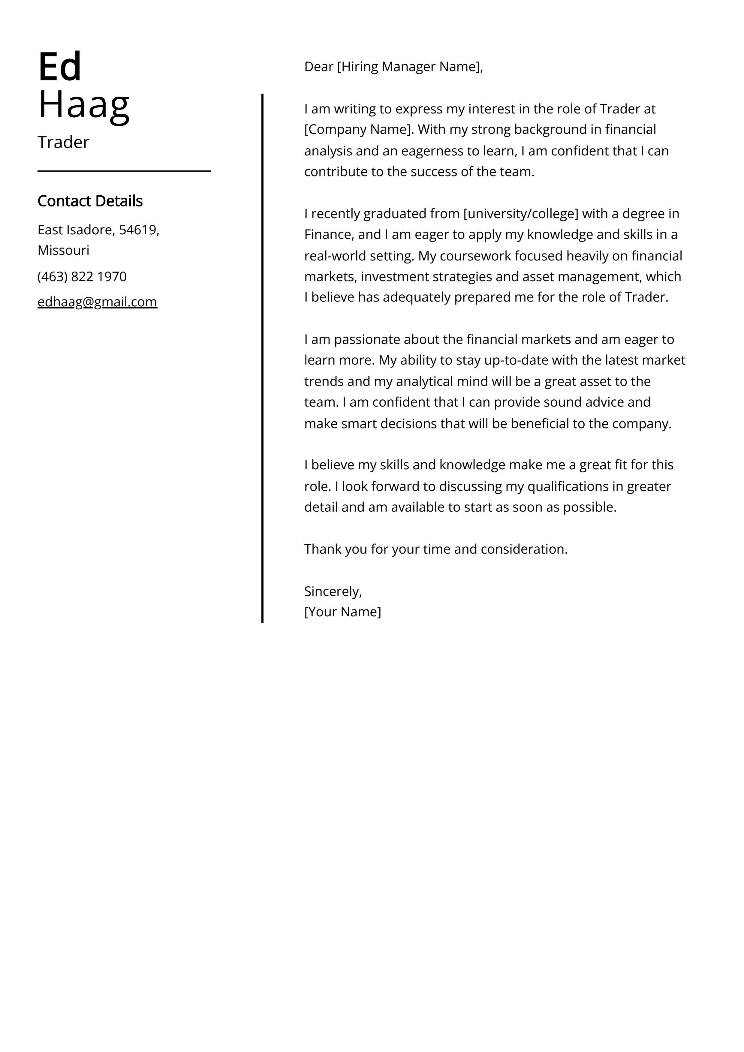 Trader Cover Letter Example