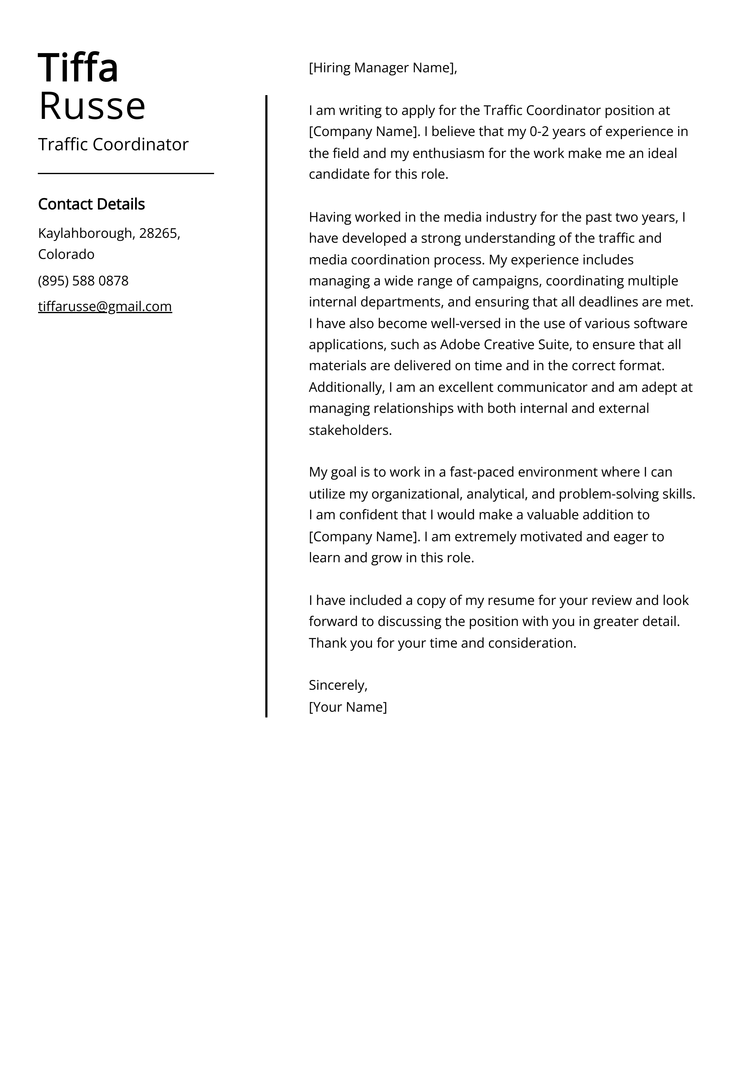 Traffic Coordinator Cover Letter Example