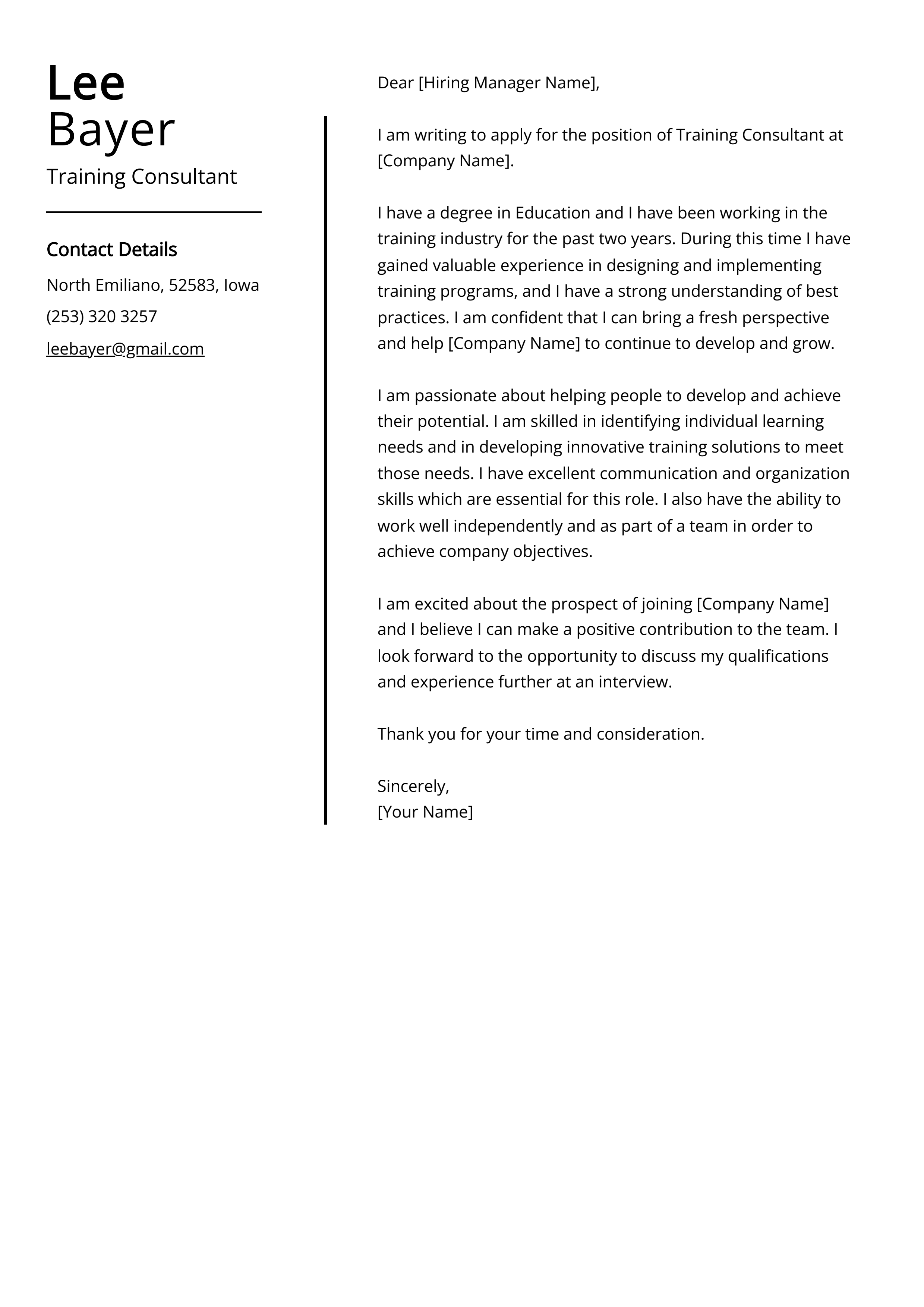 Training Consultant Cover Letter Example