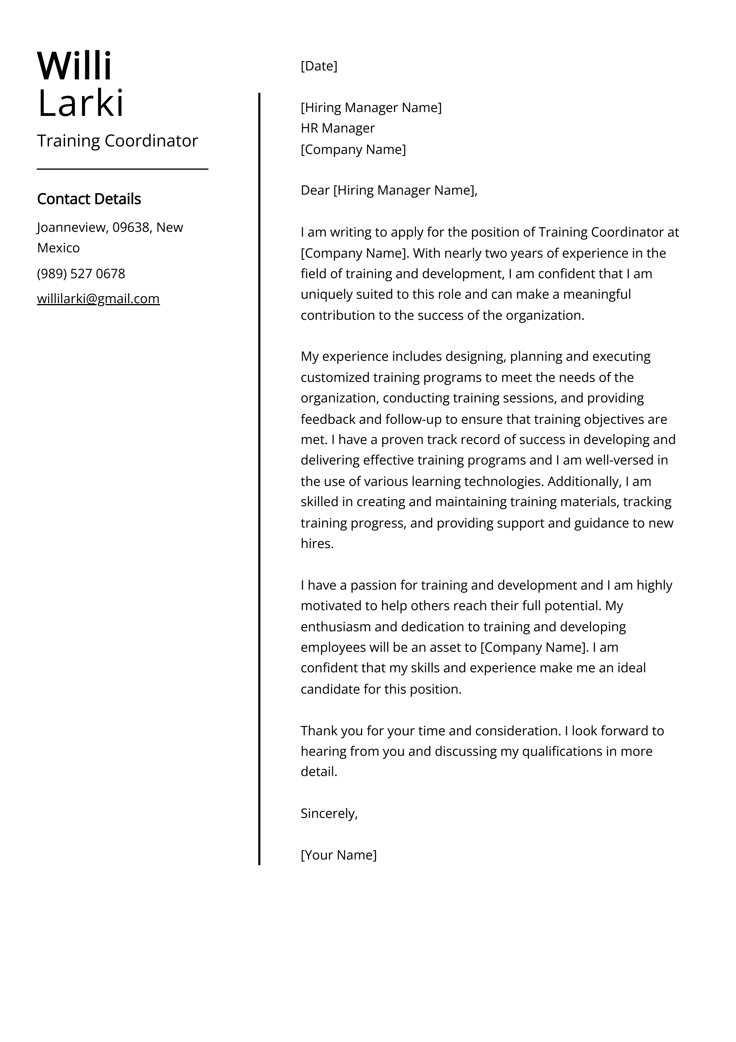 Training Coordinator Cover Letter Example