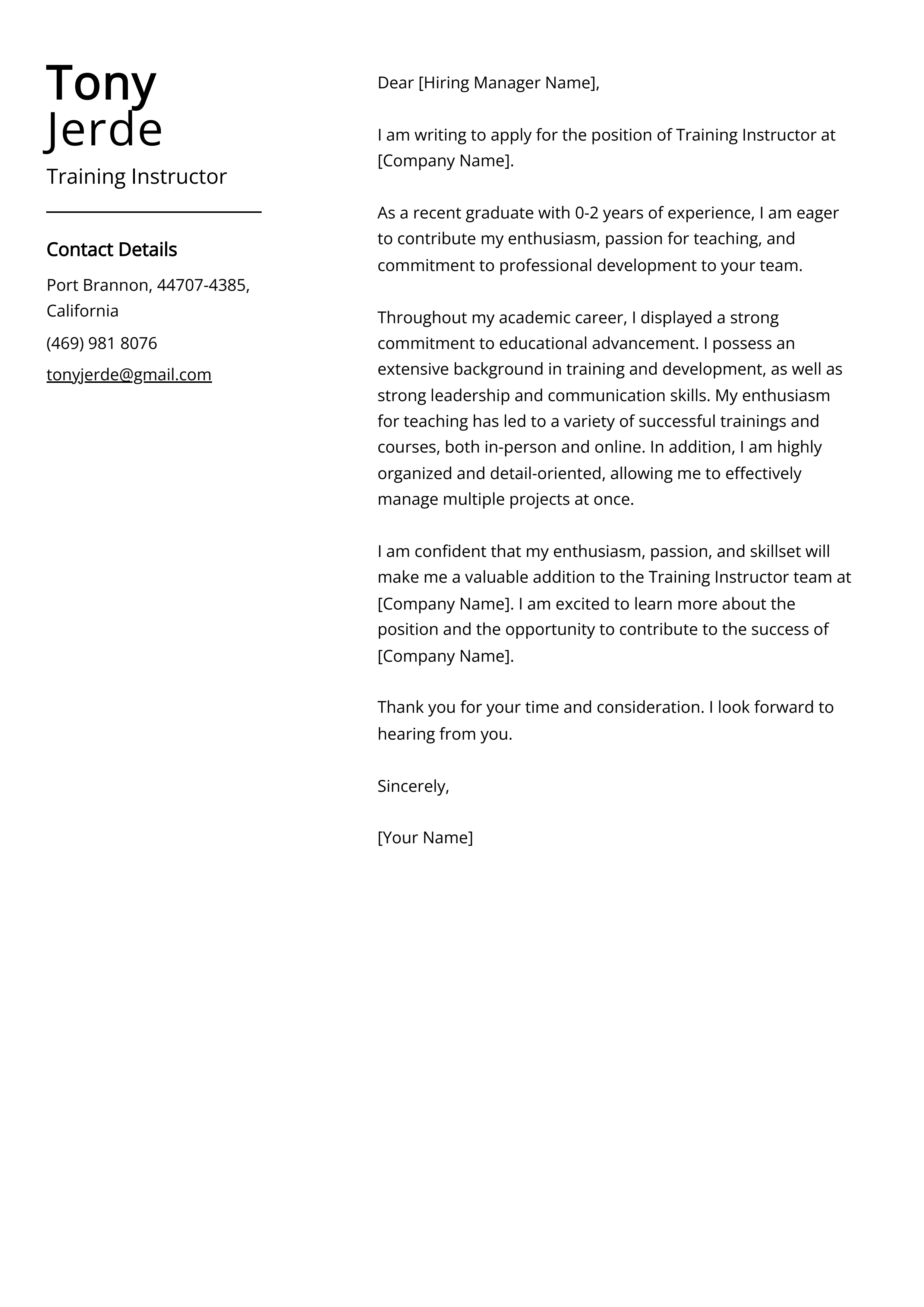 Training Instructor Cover Letter Example