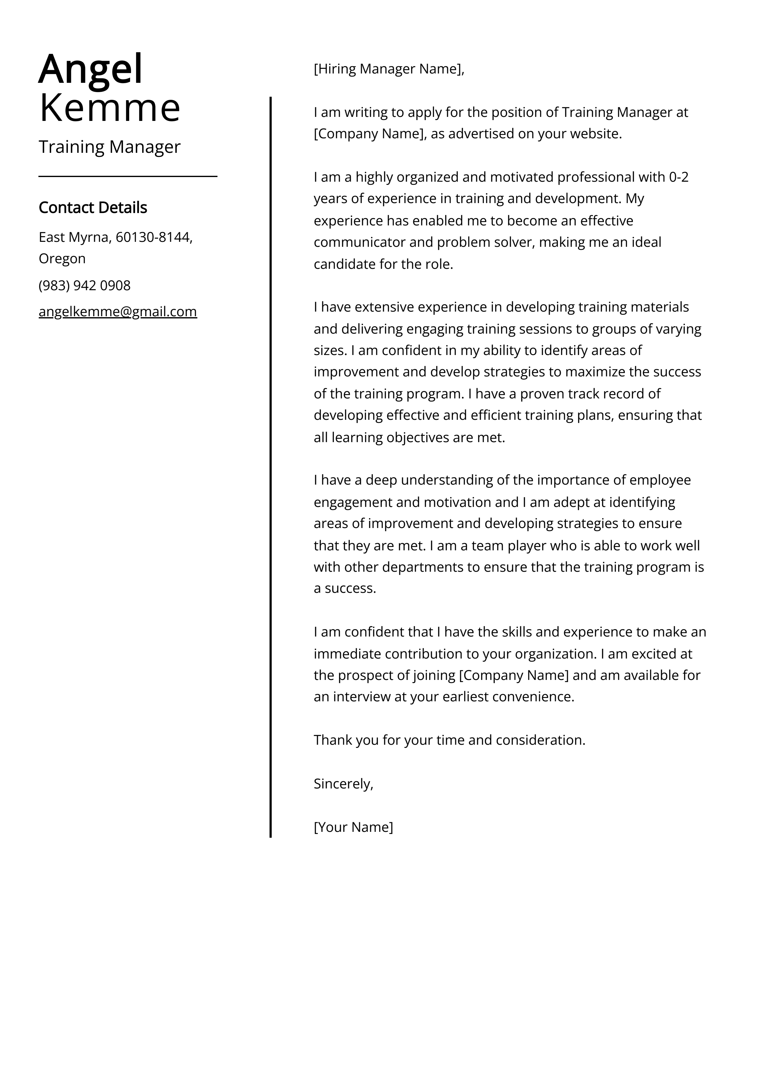 Training Manager Cover Letter Example