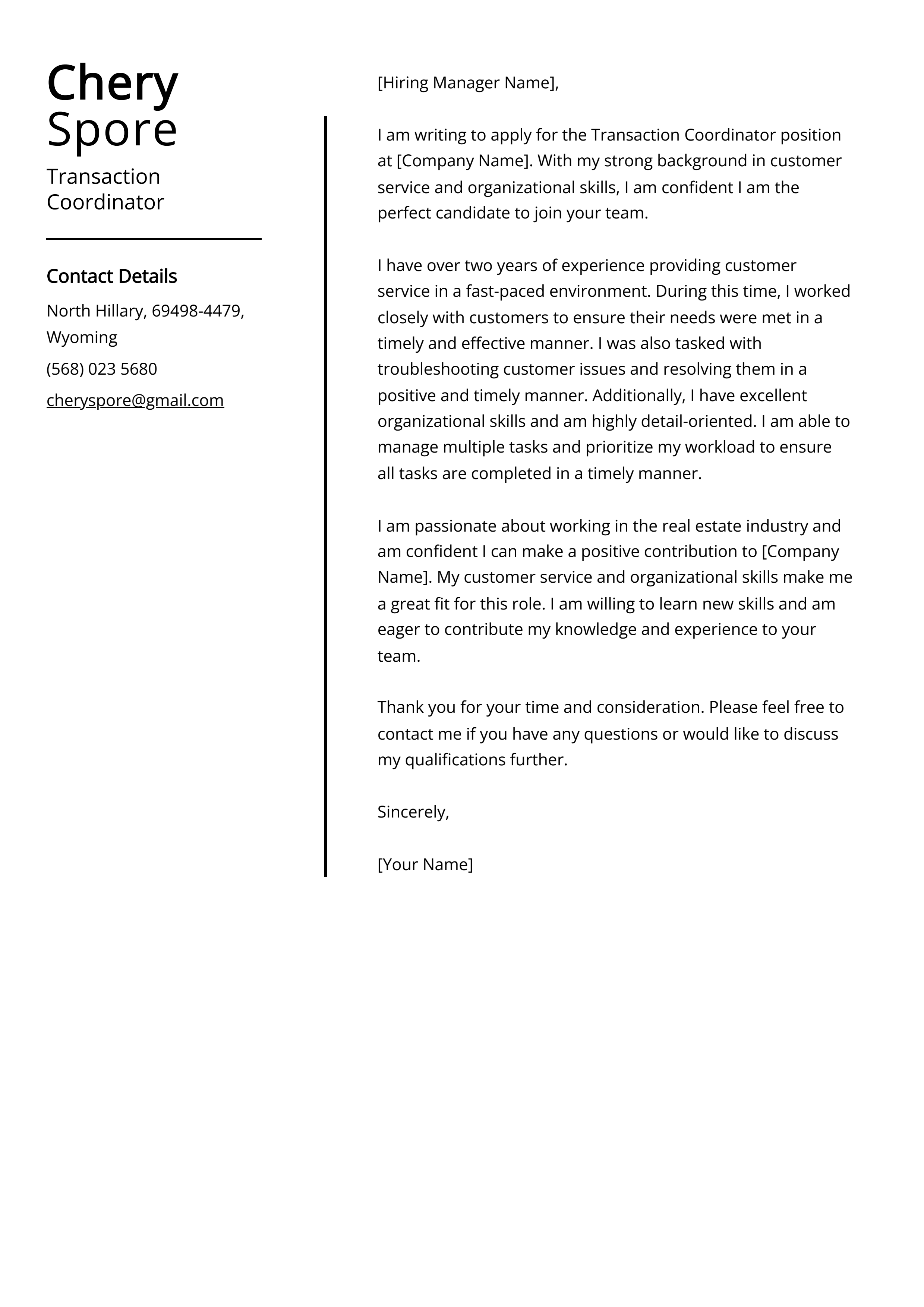 Transaction Coordinator Cover Letter Example