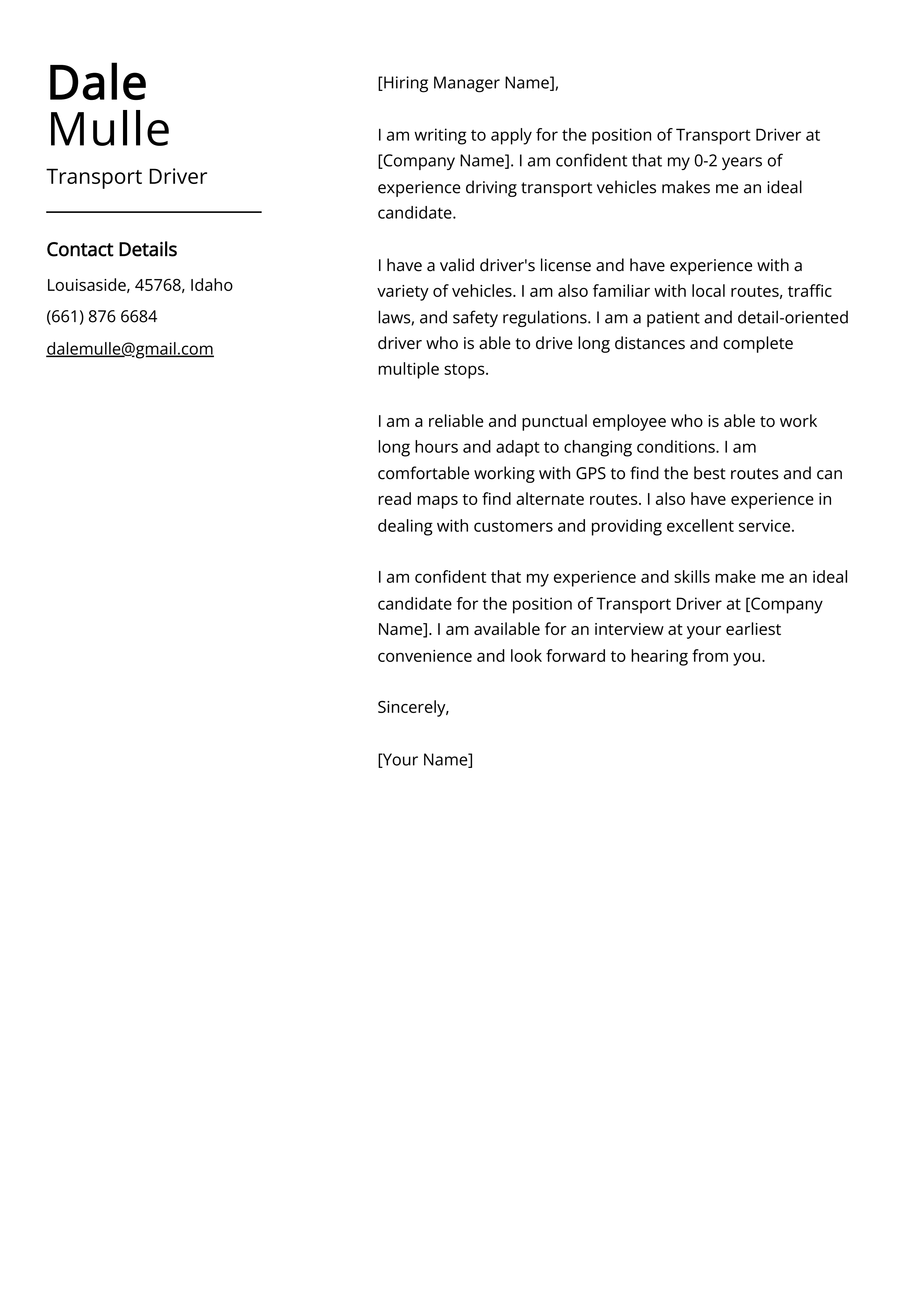 Transport Driver Cover Letter Example