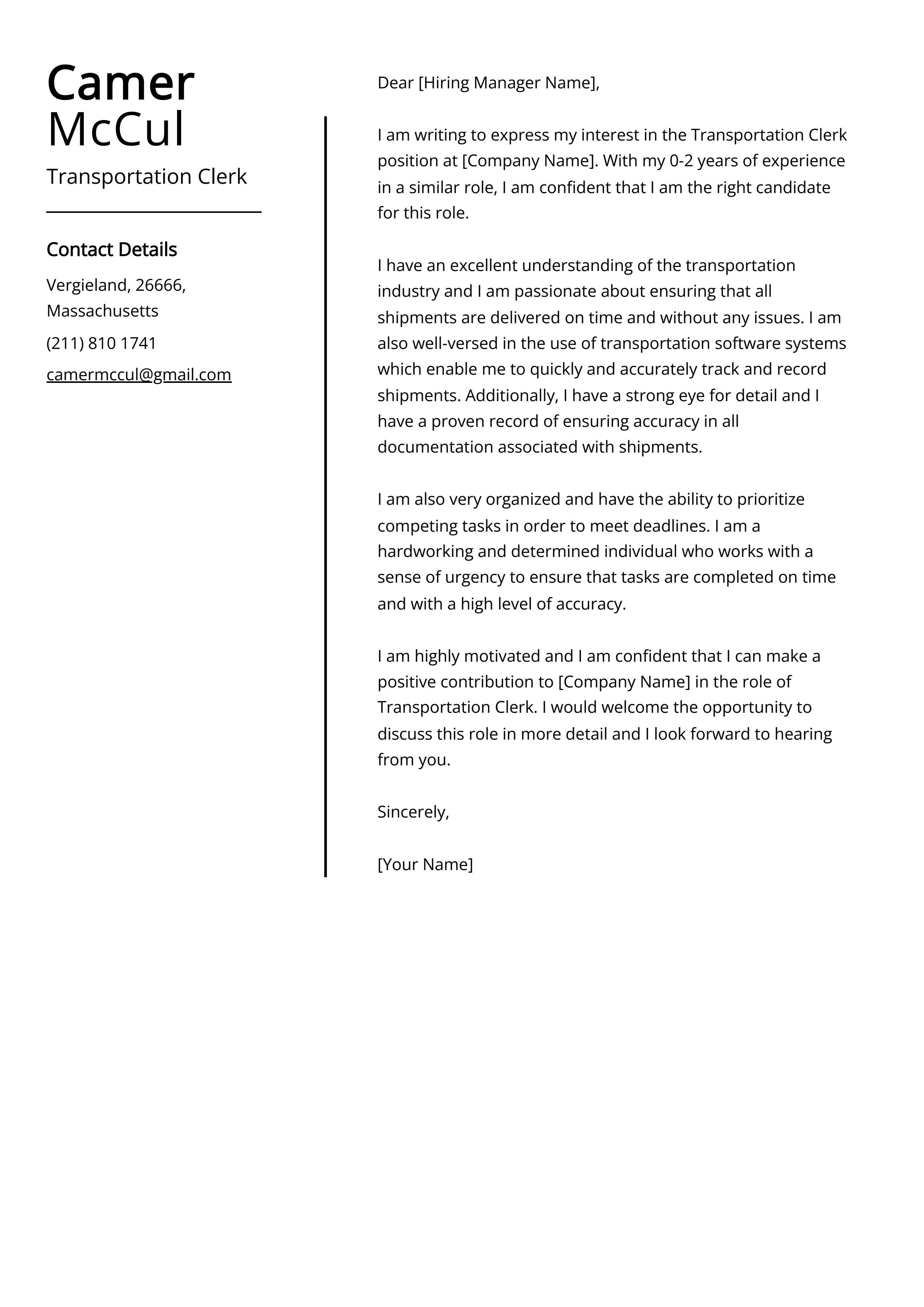 Transportation Clerk Cover Letter Example