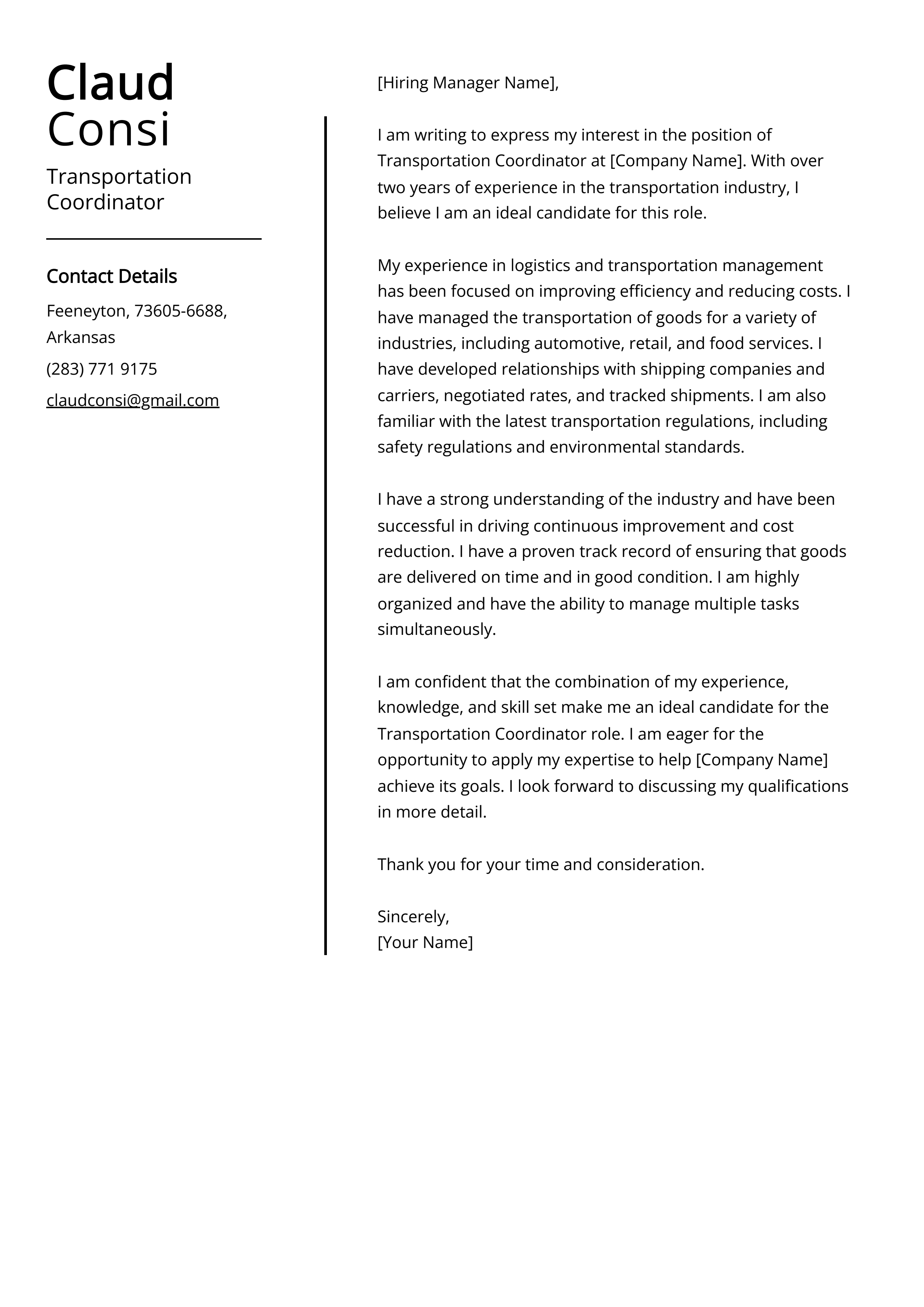 Transportation Coordinator Cover Letter Example