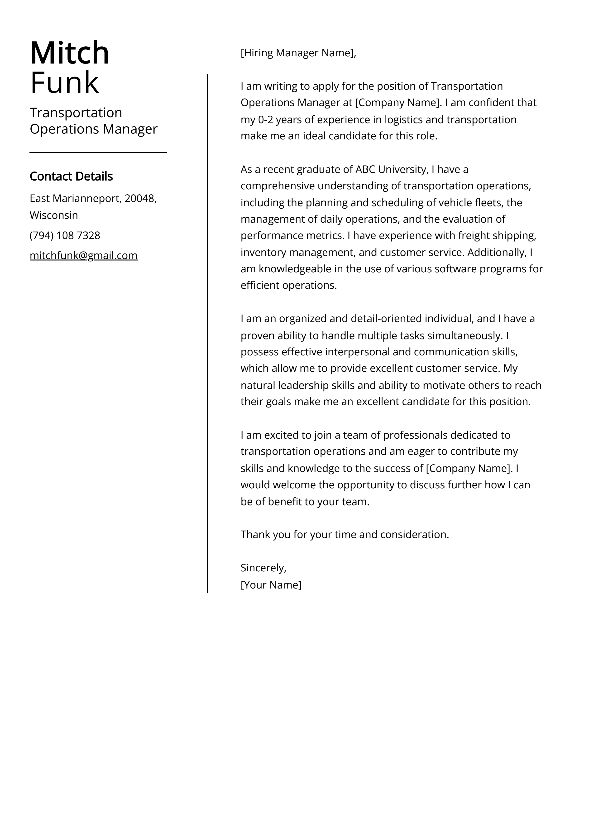 Transportation Operations Manager Cover Letter Example