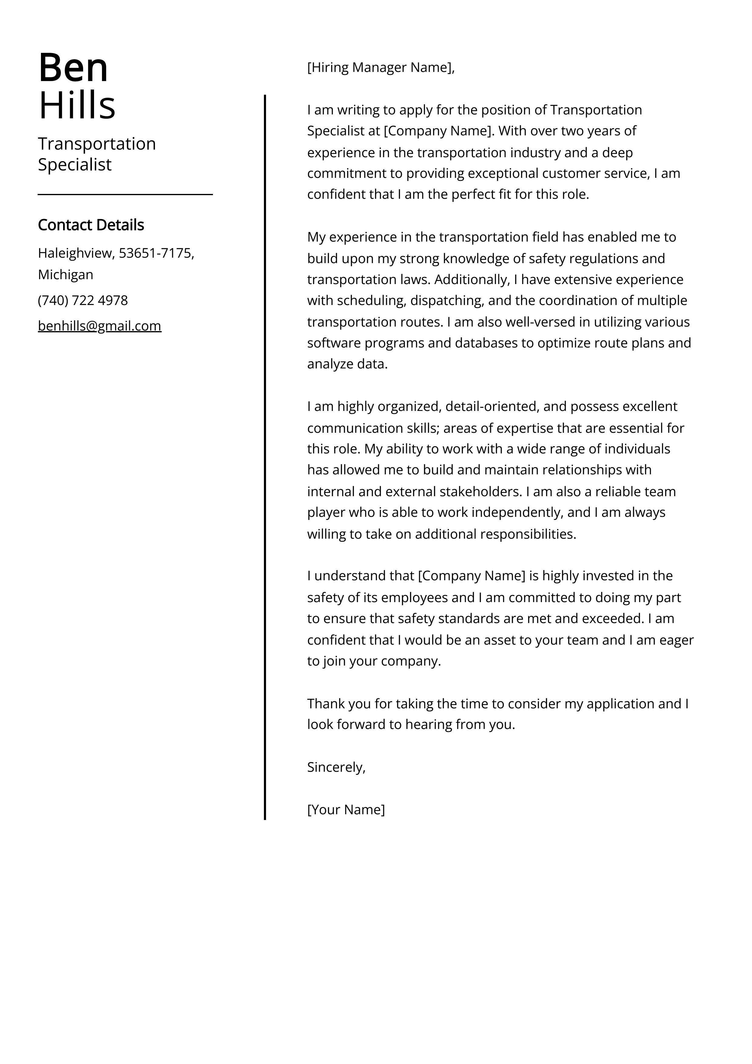 Transportation Specialist Cover Letter Example