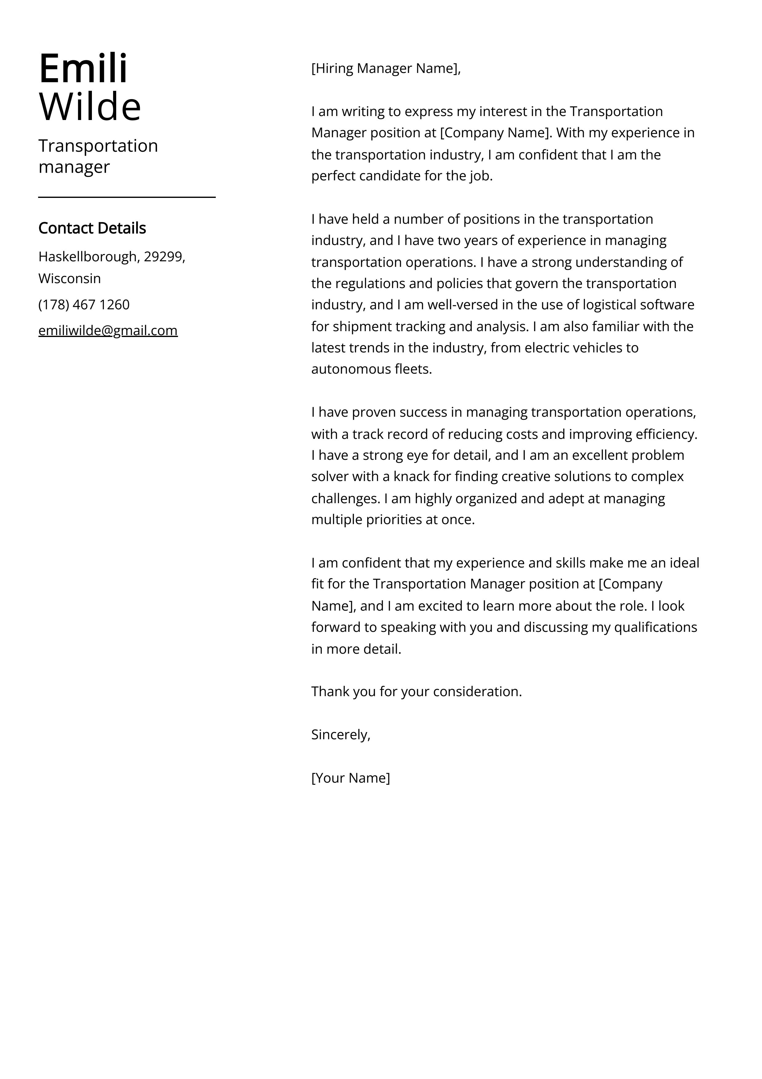 Transportation manager Cover Letter Example