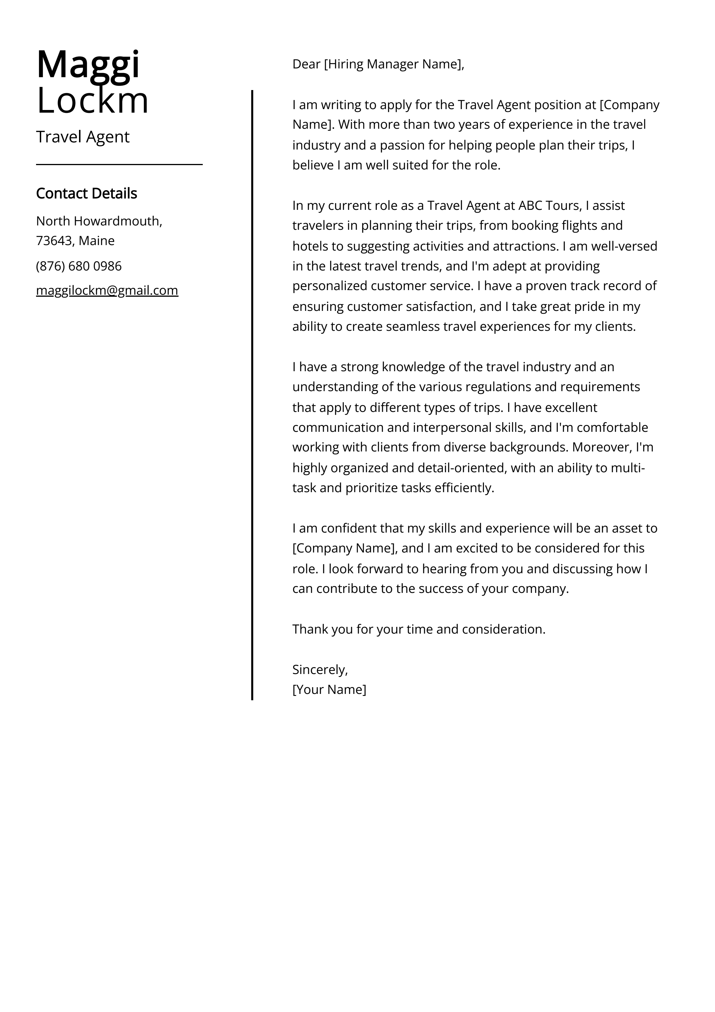 Experienced Travel Agent Cover Letter Example