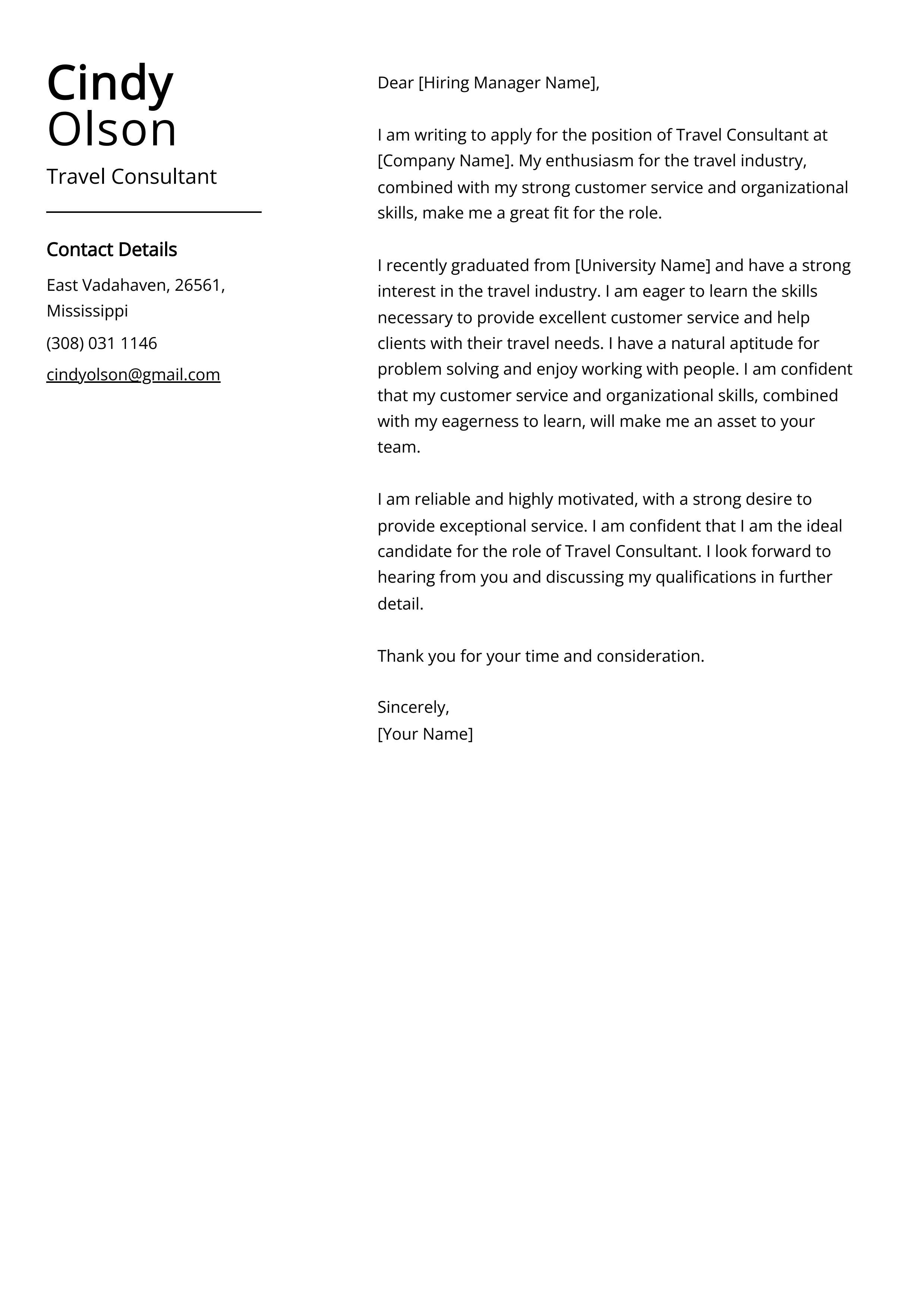 Travel Consultant Cover Letter Example