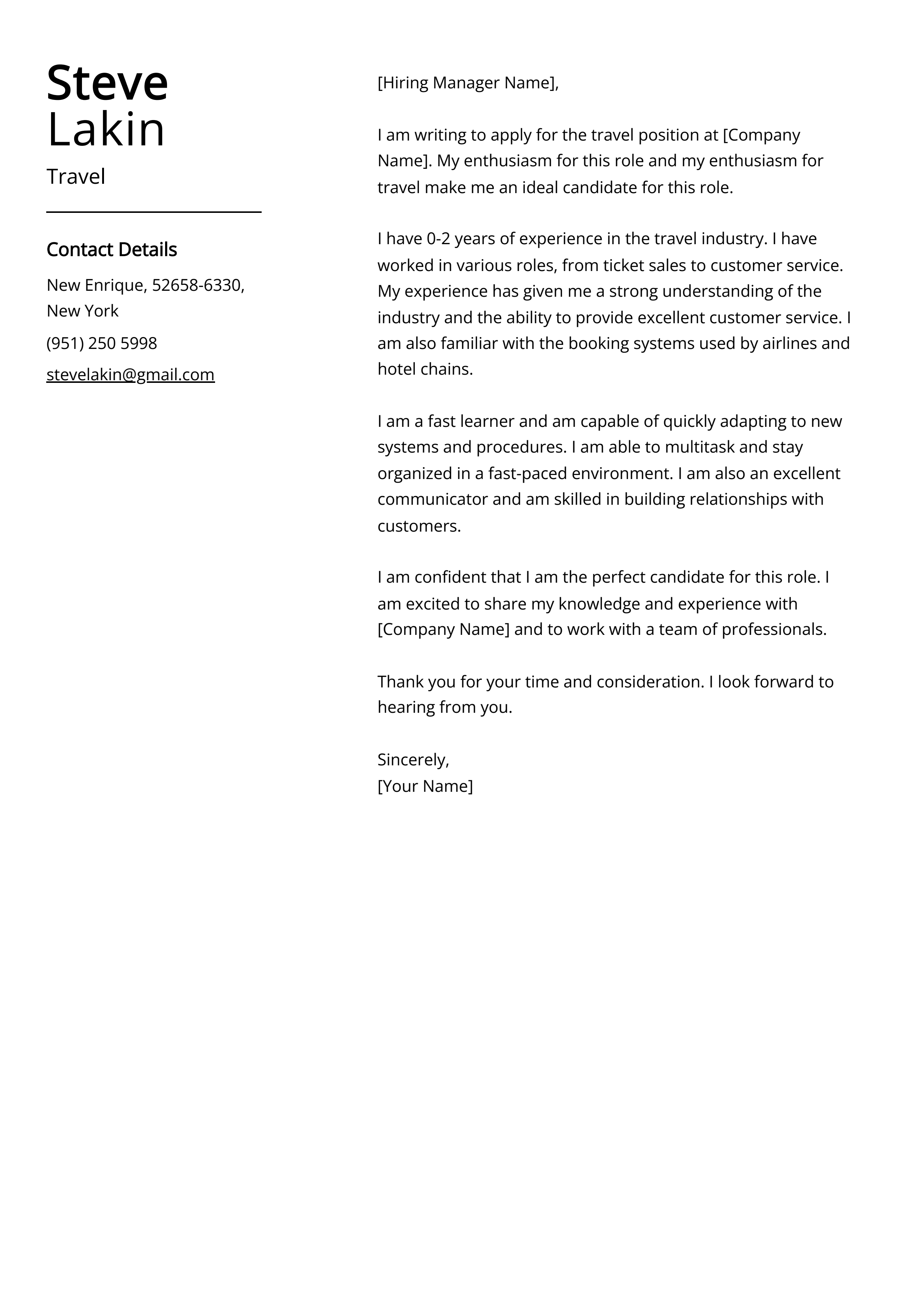 Travel Cover Letter Example