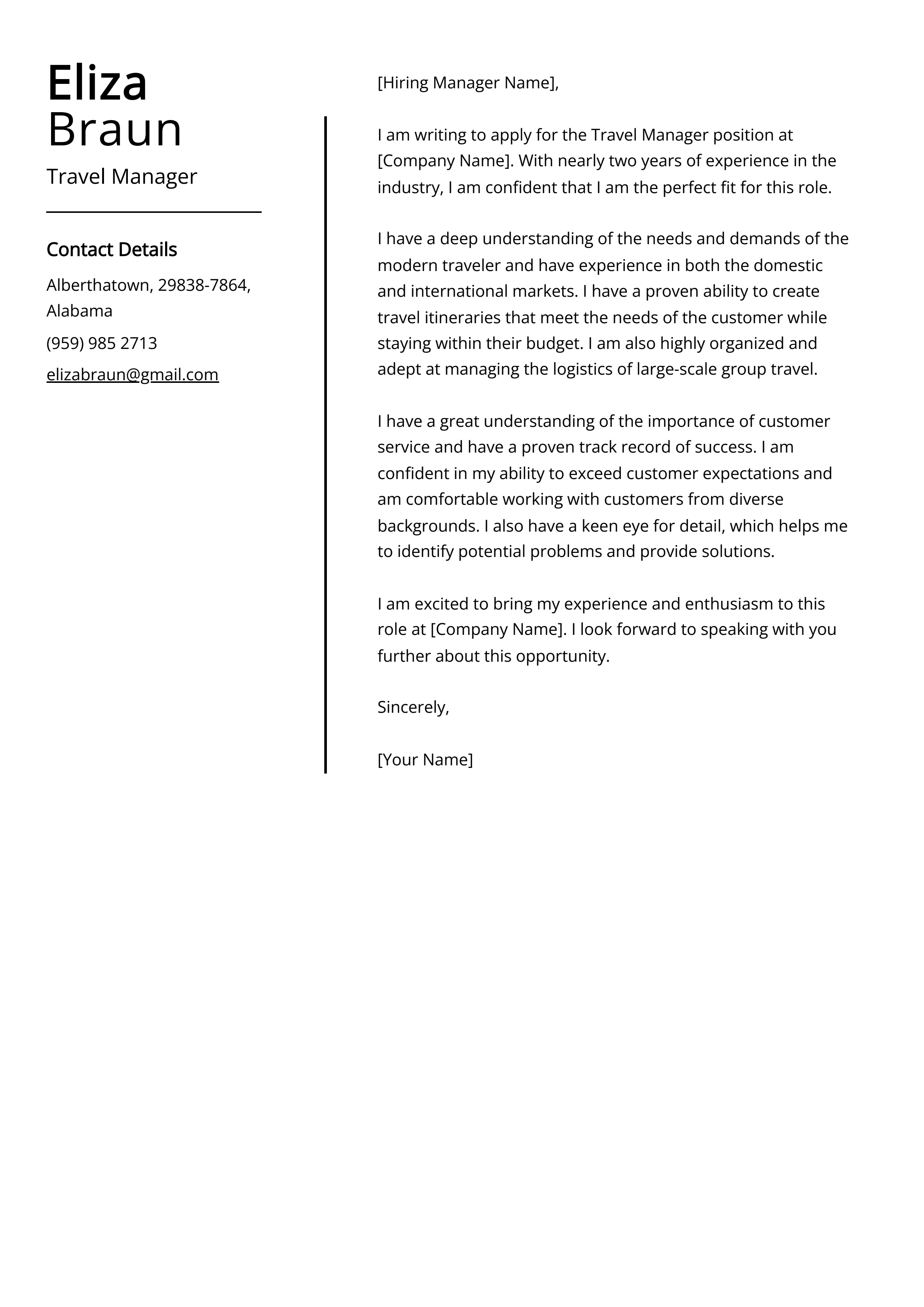 Travel Manager Cover Letter Example