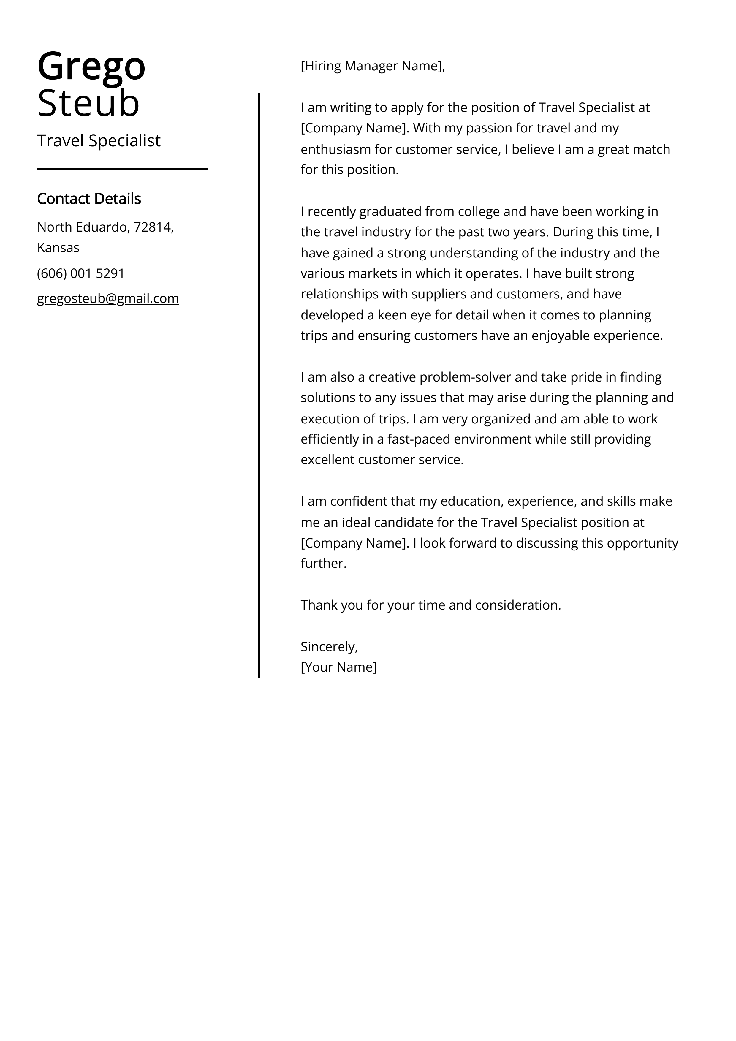 Travel Specialist Cover Letter Example