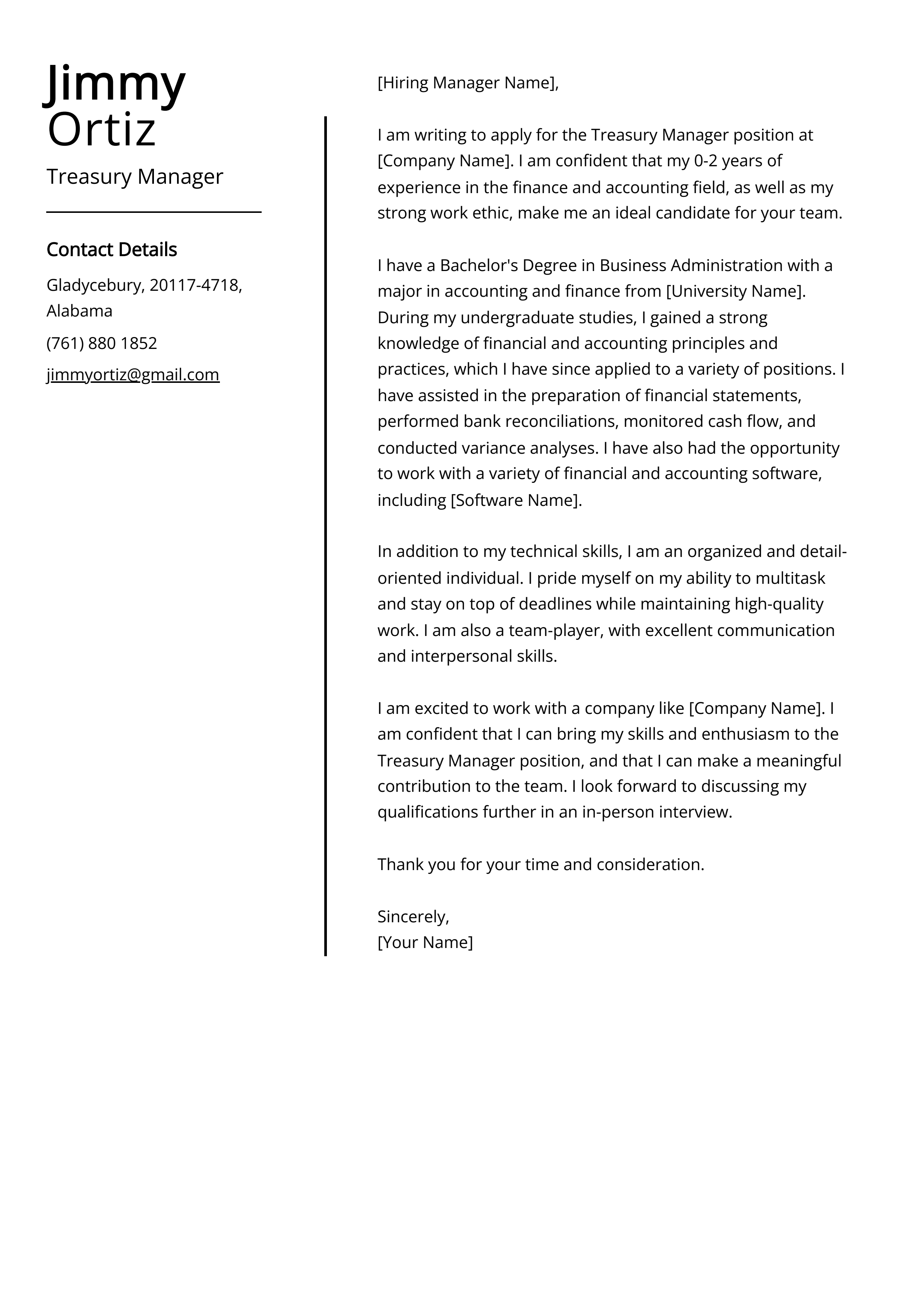 Treasury Manager Cover Letter Example