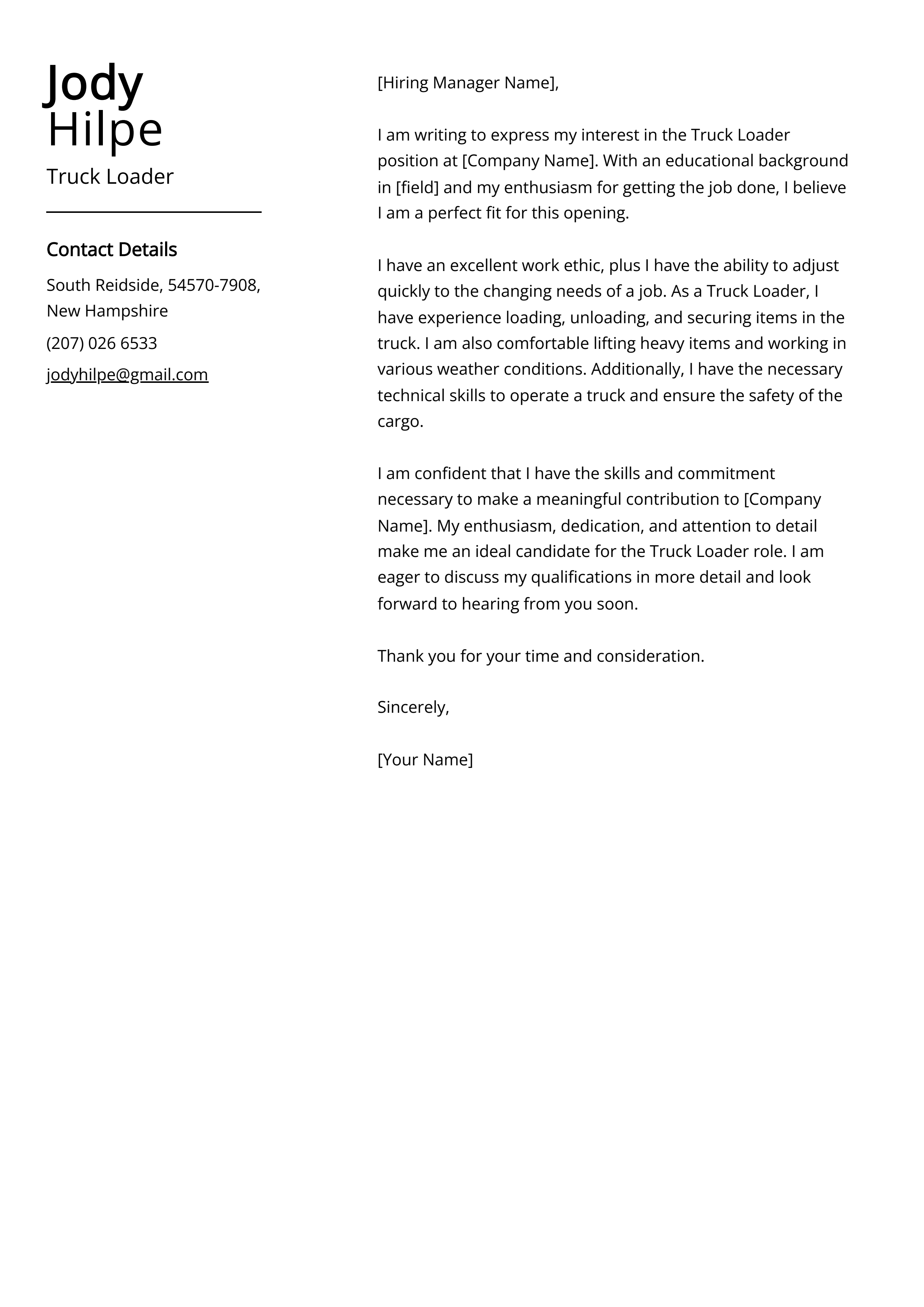 Truck Loader Cover Letter Example