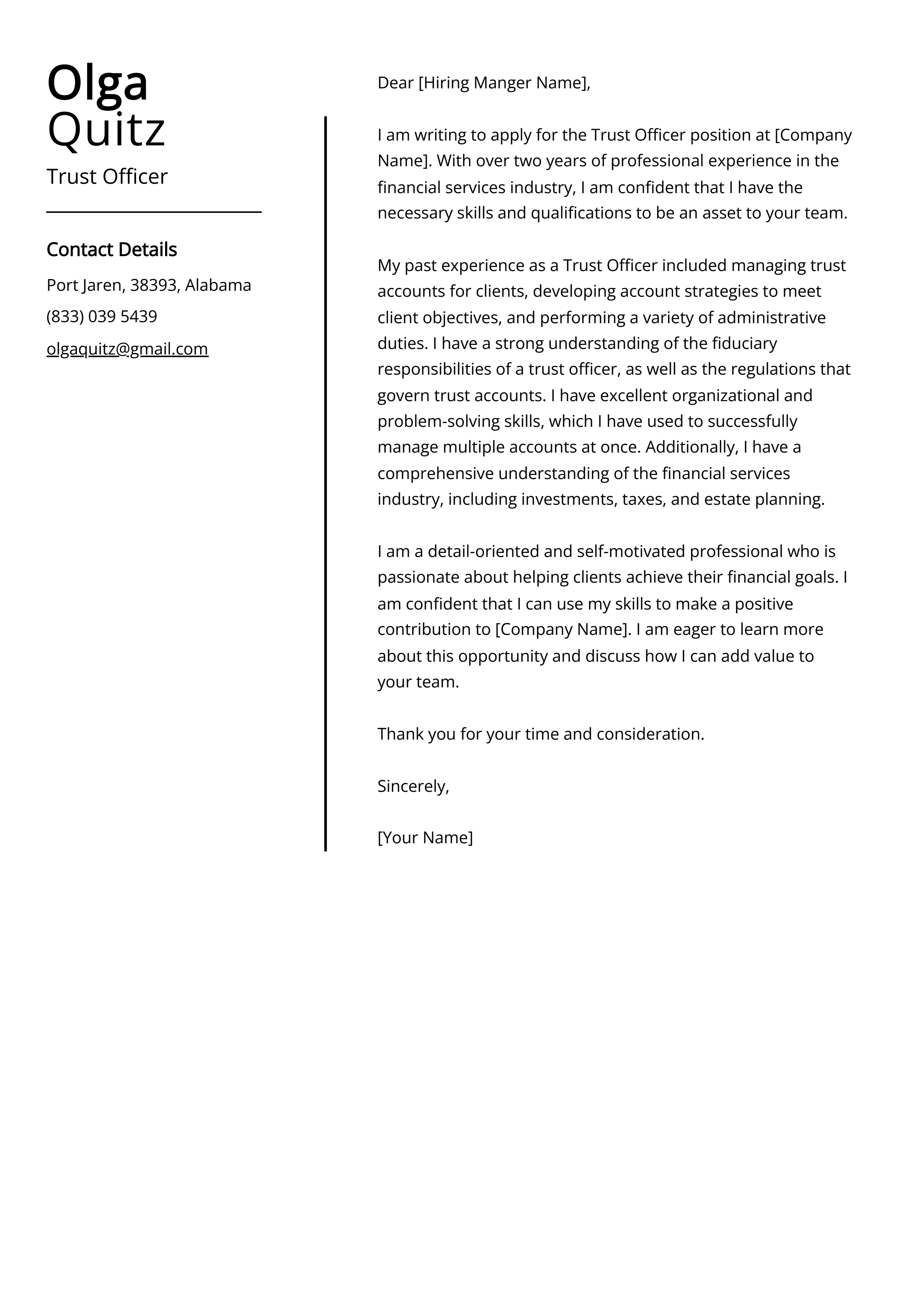 Trust Officer Cover Letter Example