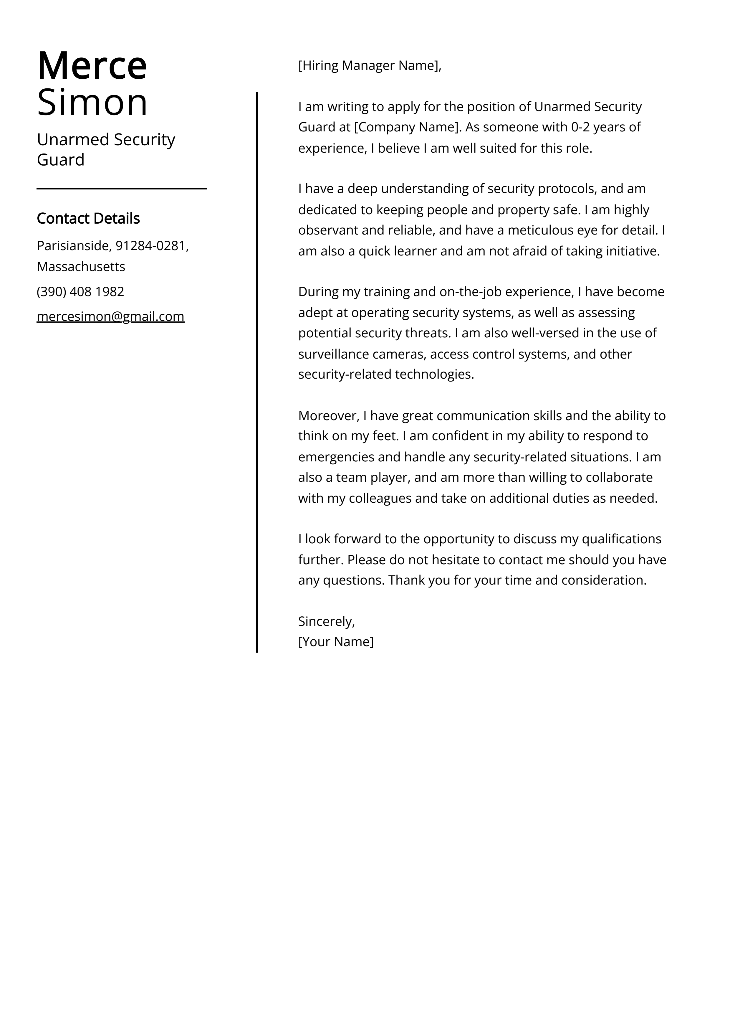 Unarmed Security Guard Cover Letter Example