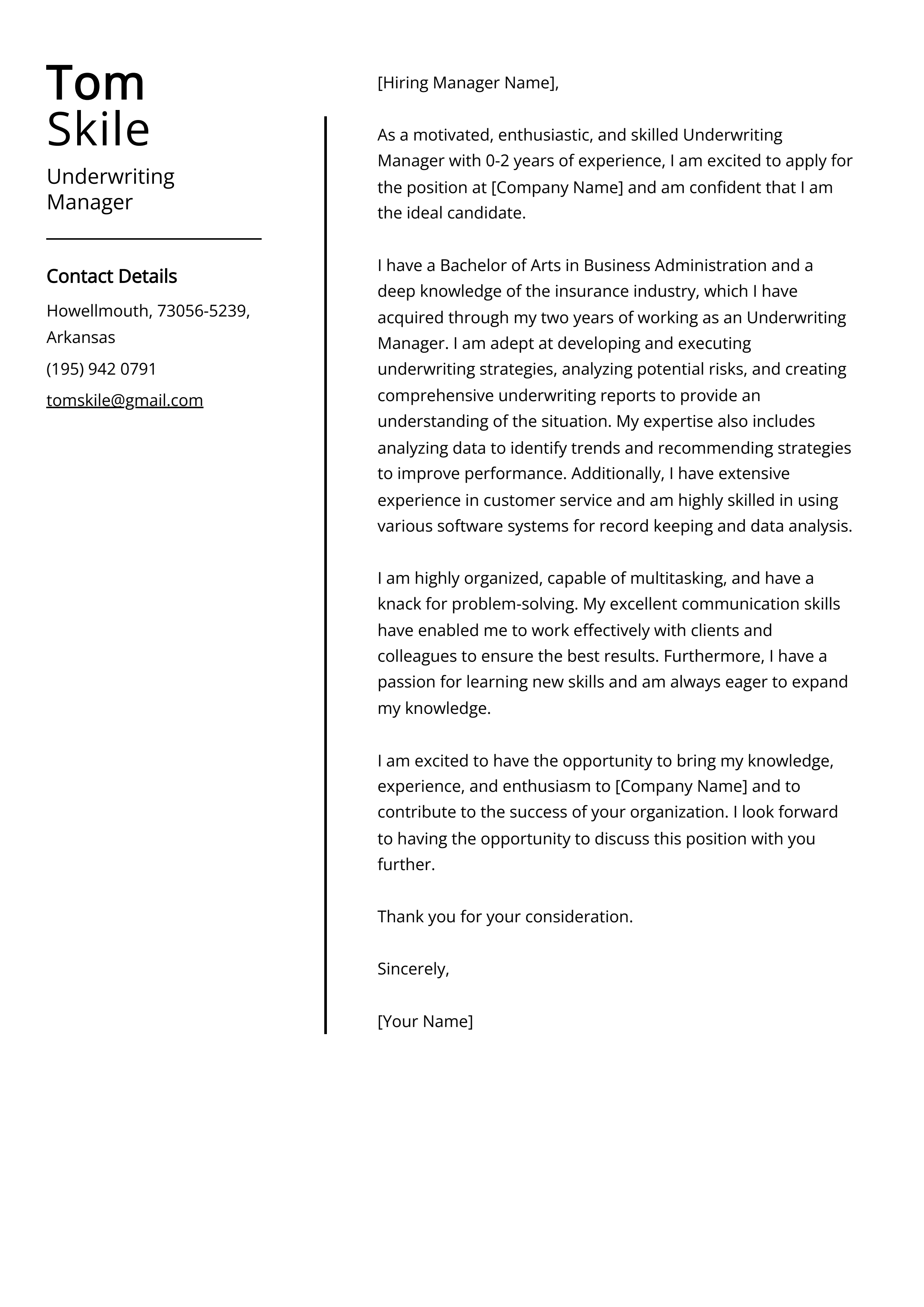 Underwriting Manager Cover Letter Example