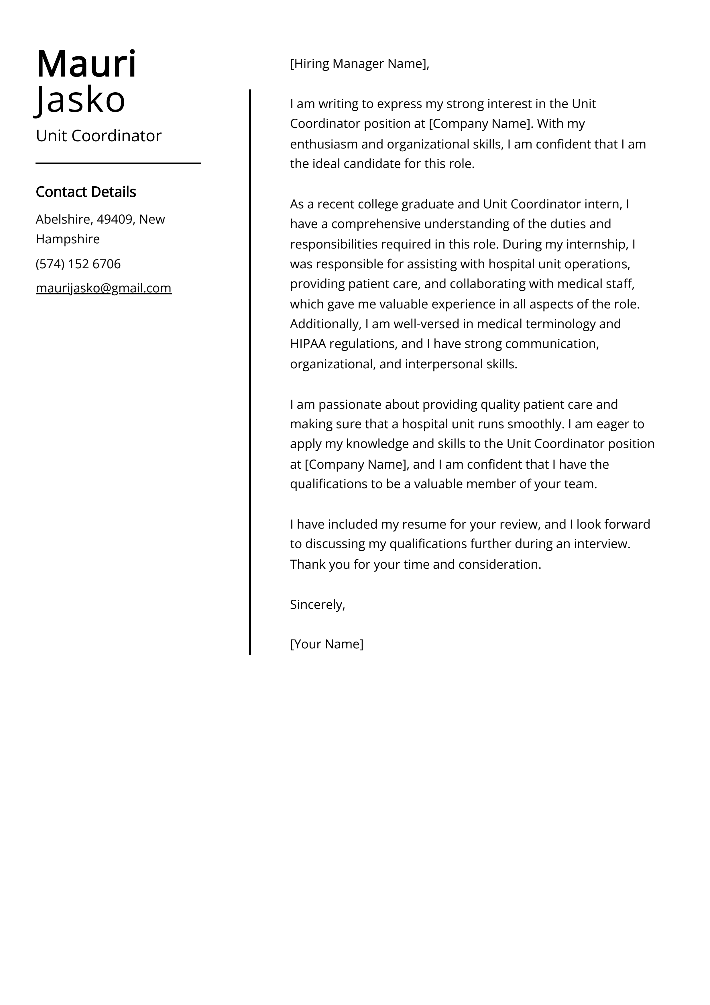 Unit Coordinator Cover Letter Example