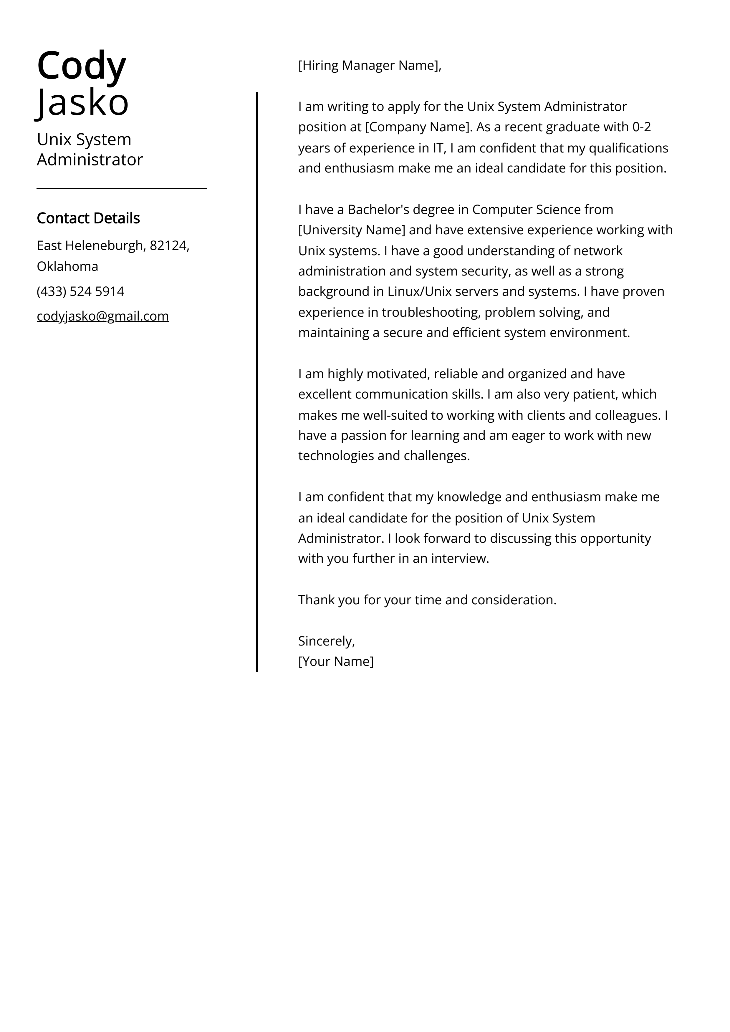 Unix System Administrator Cover Letter Example