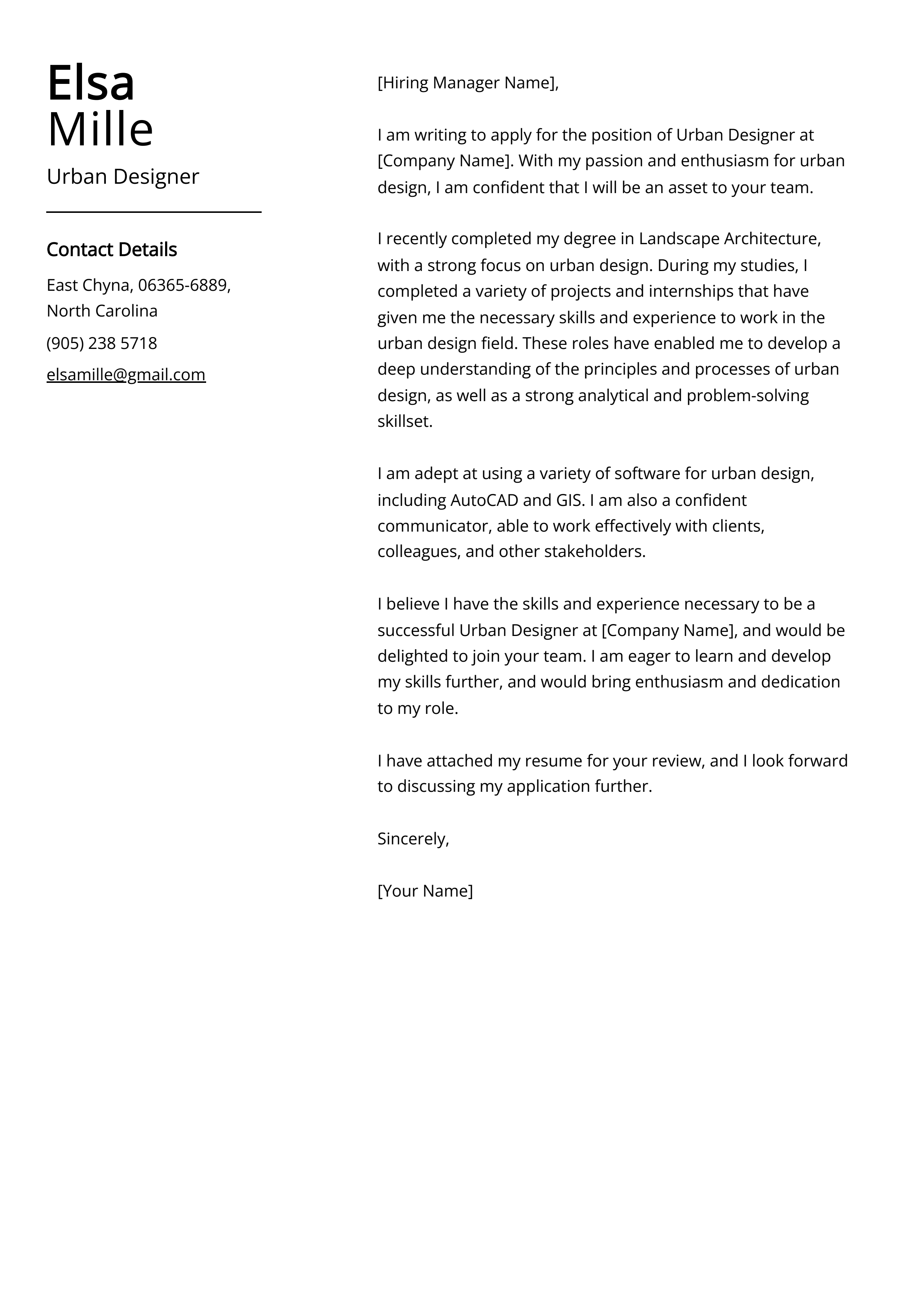 Urban Designer Cover Letter Example