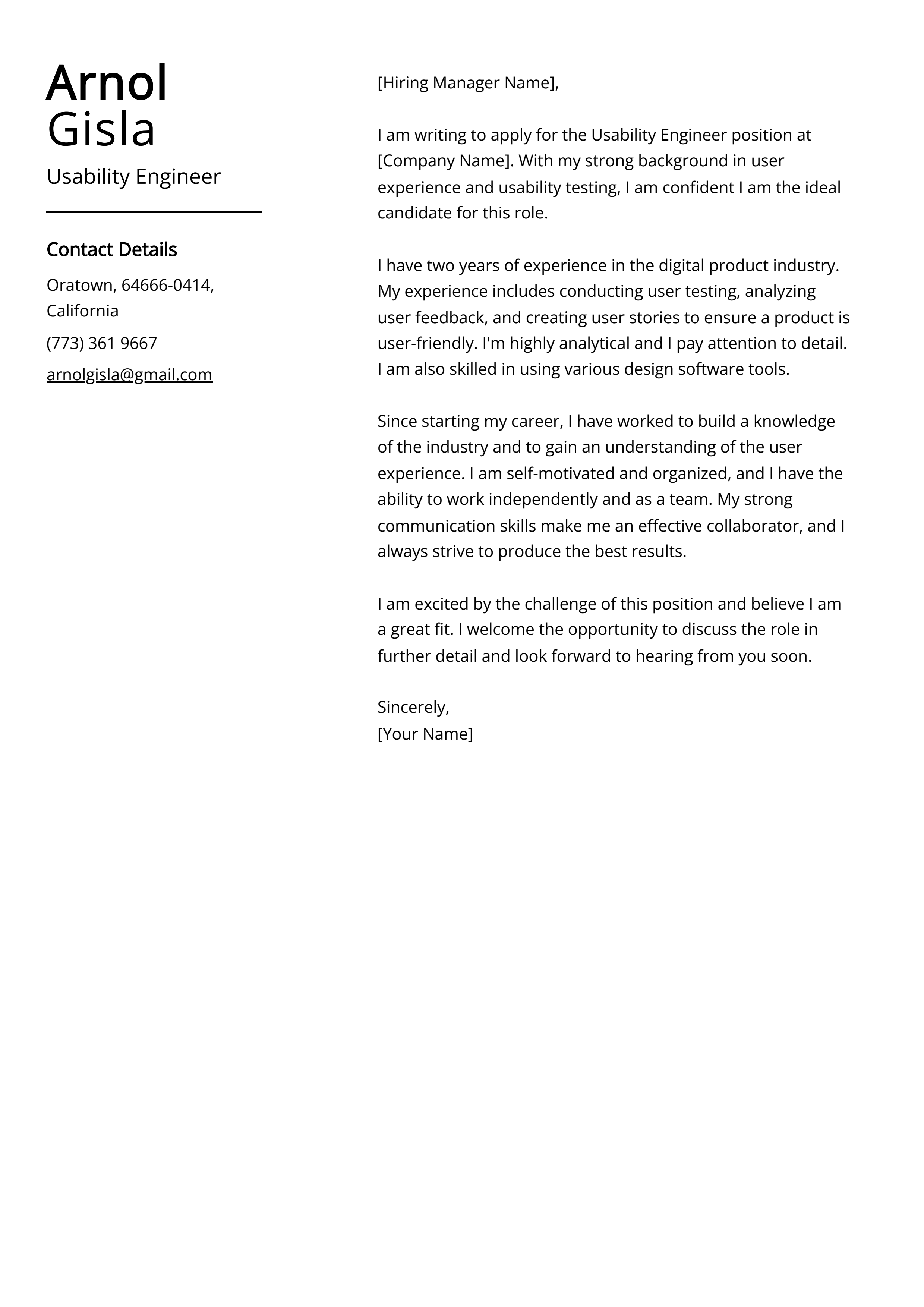 Usability Engineer Cover Letter Example