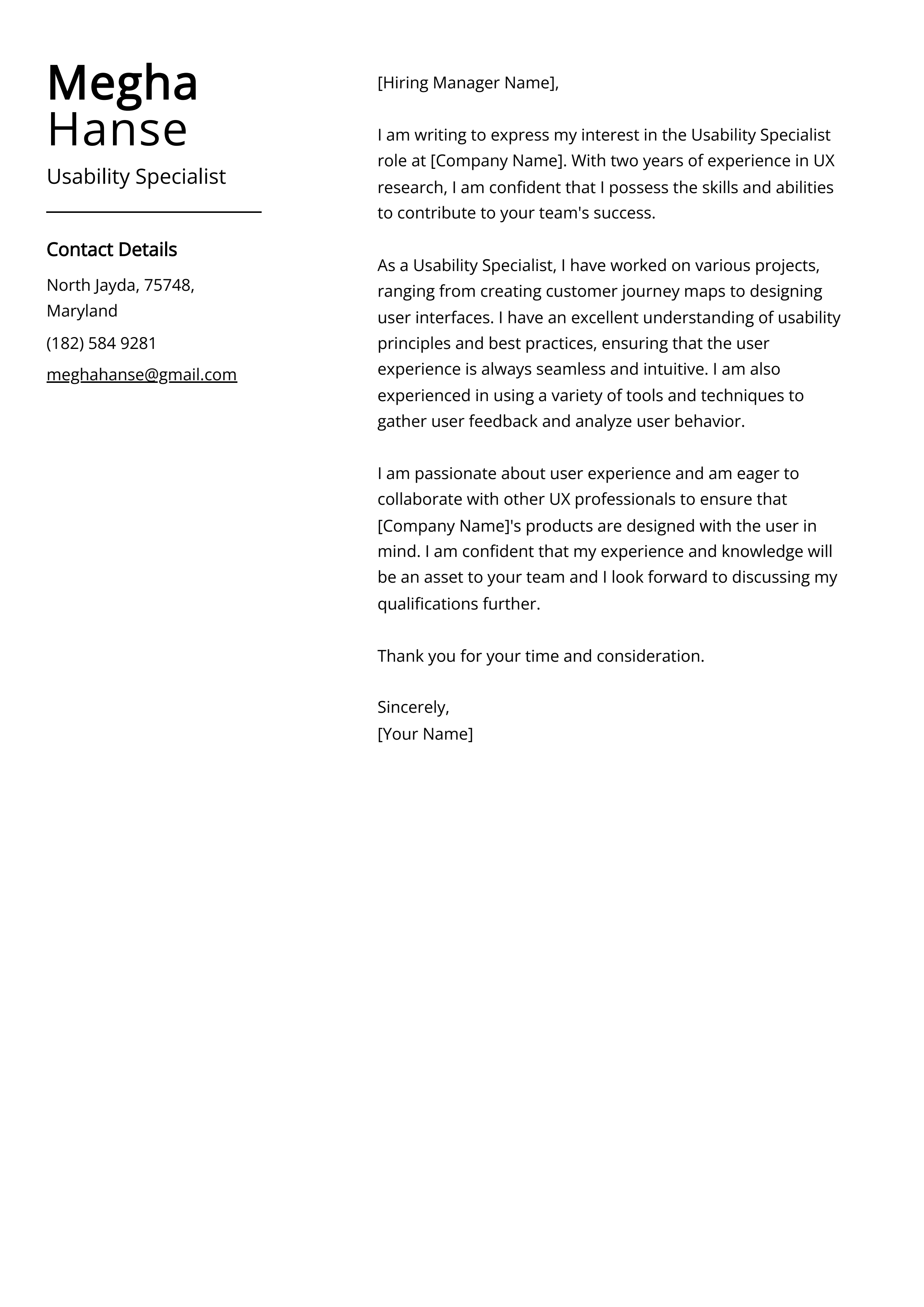 Usability Specialist Cover Letter Example