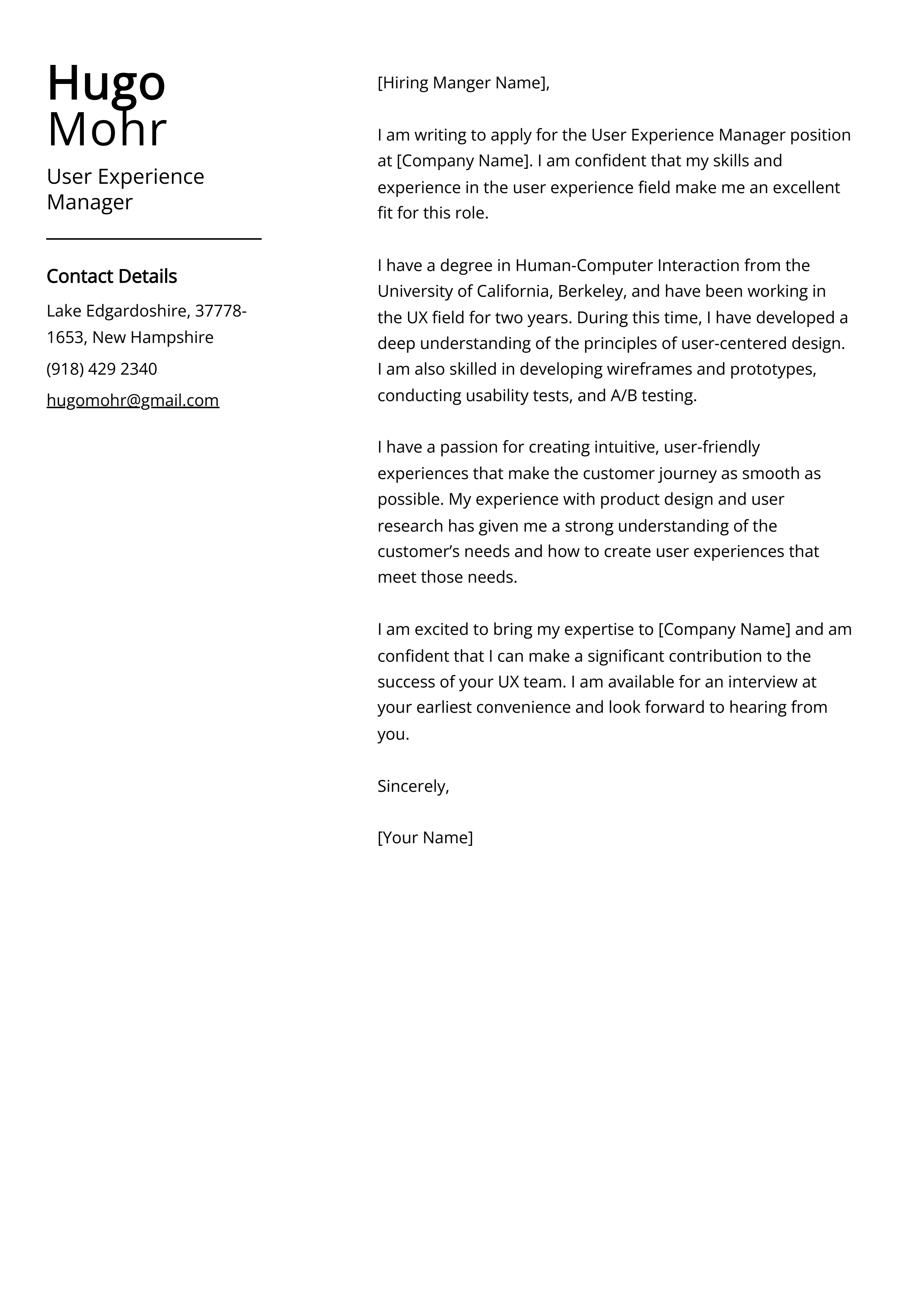 User Experience Manager Cover Letter Example