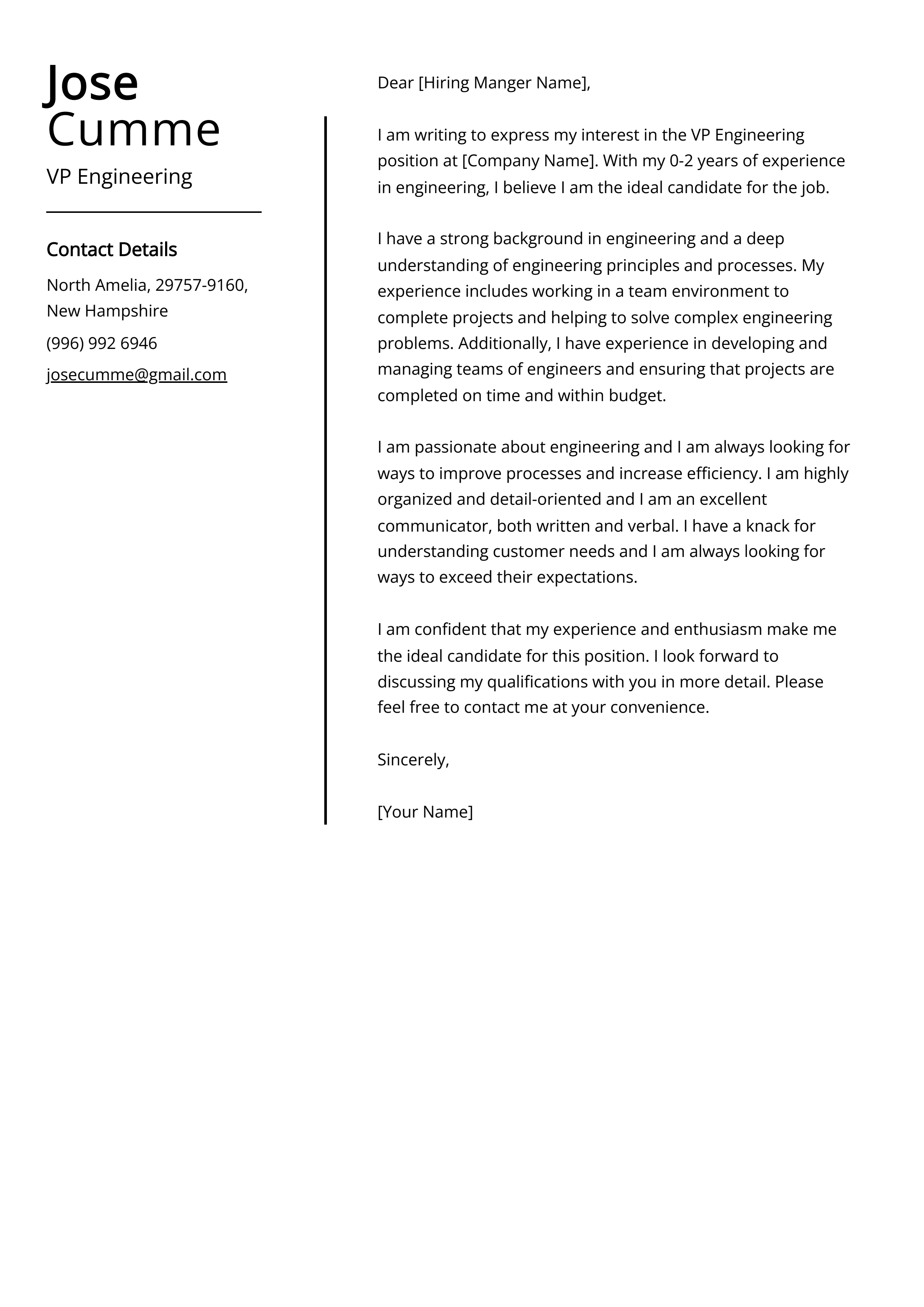 VP Engineering Cover Letter Example