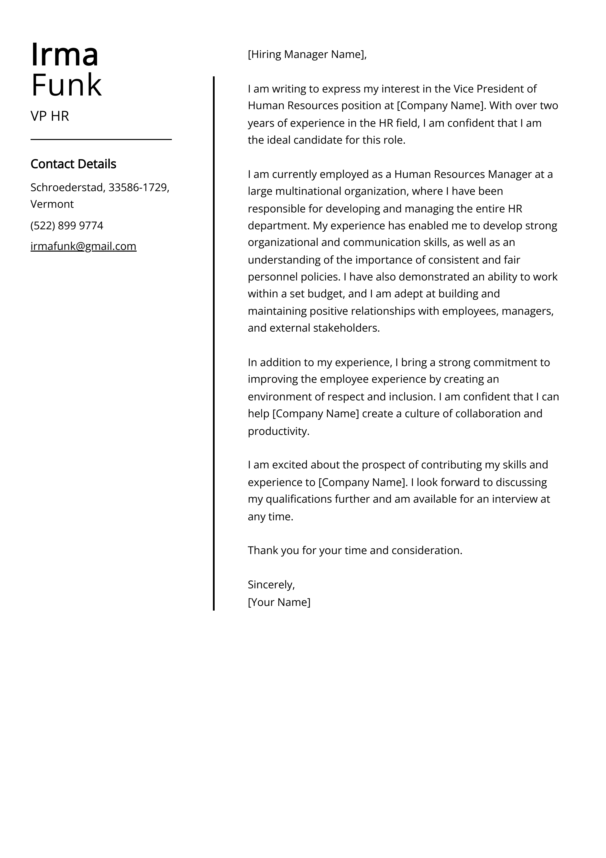 VP HR Cover Letter Example