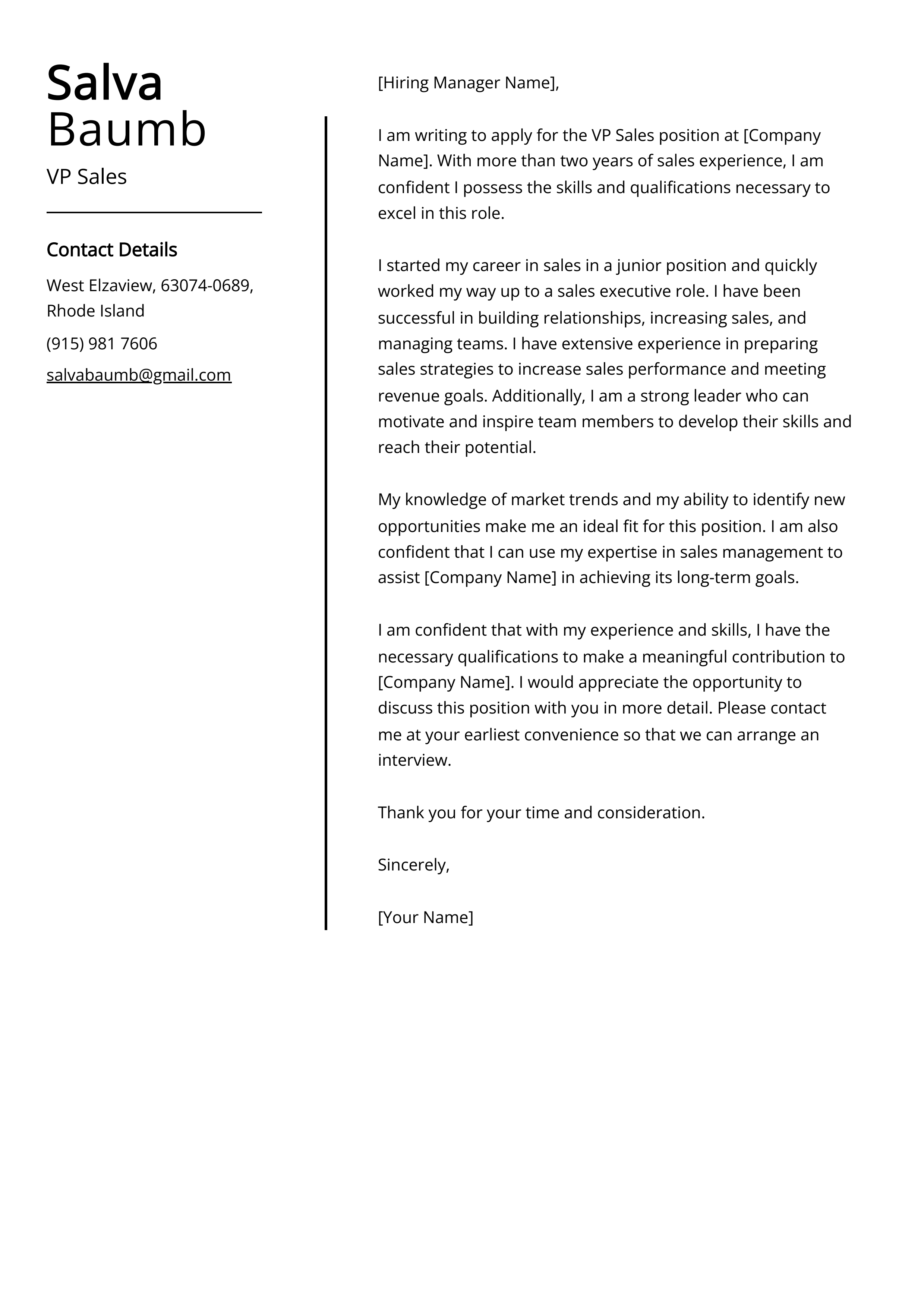 VP Sales Cover Letter Example