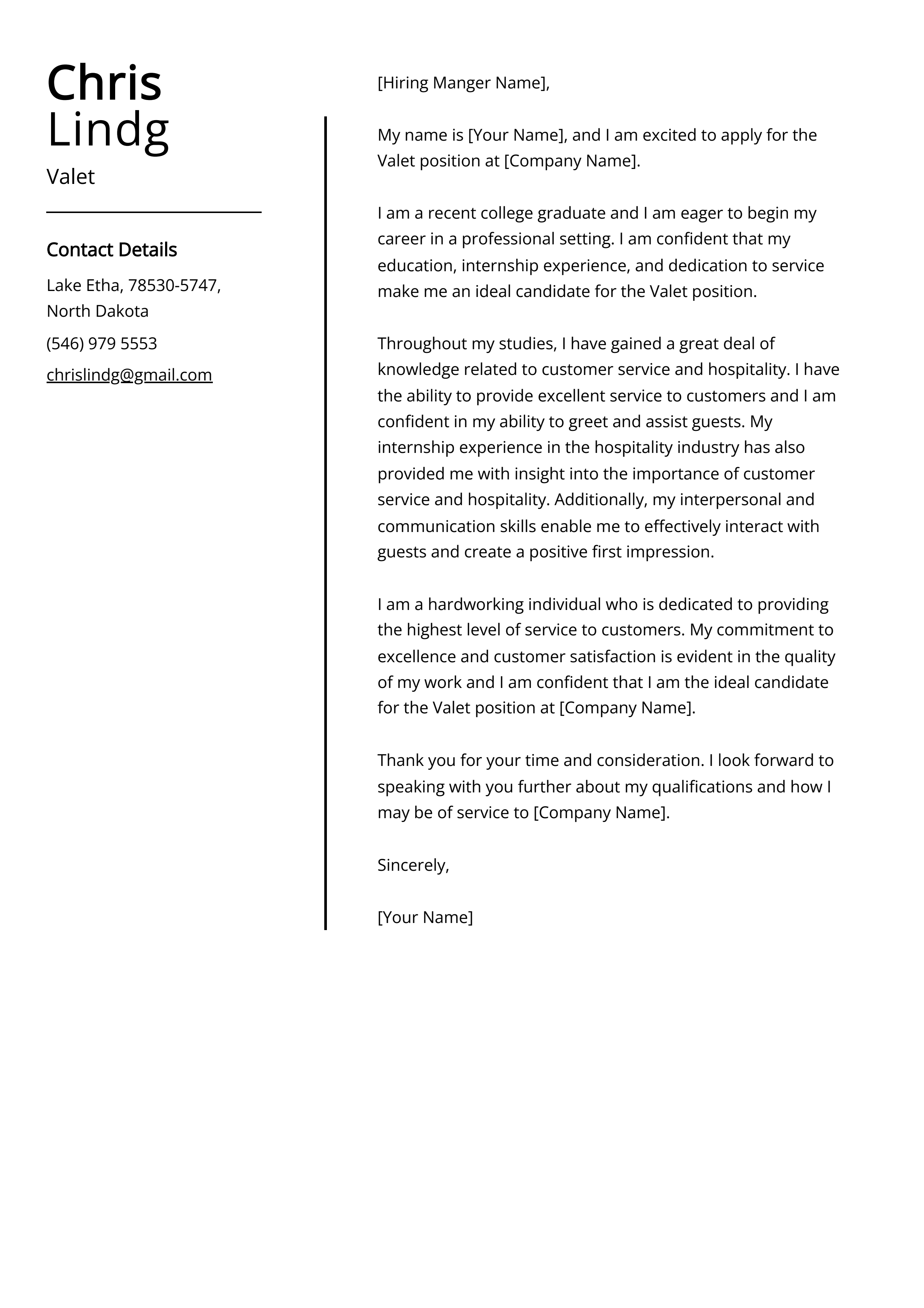 Valet Cover Letter Example