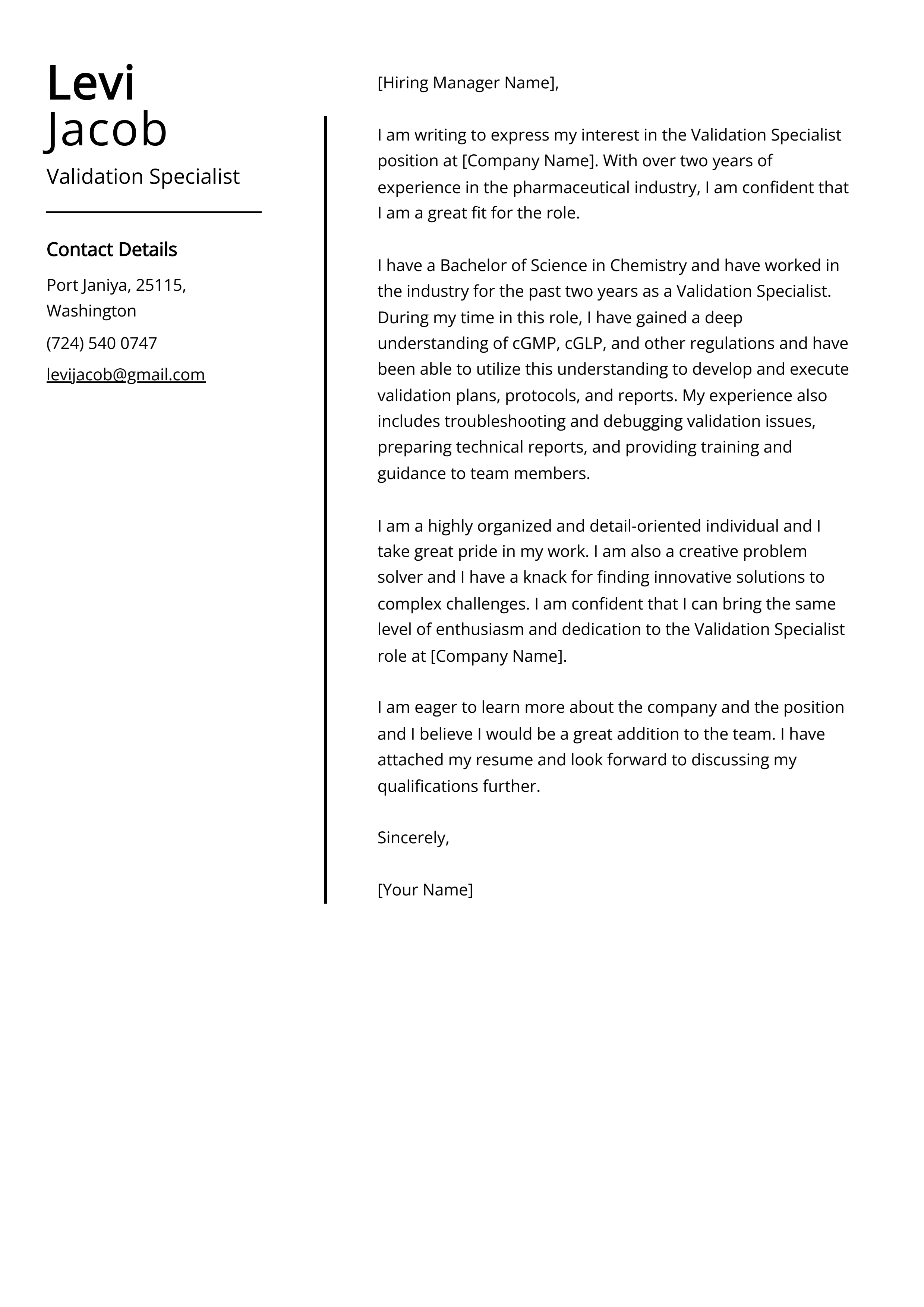 Validation Specialist Cover Letter Example