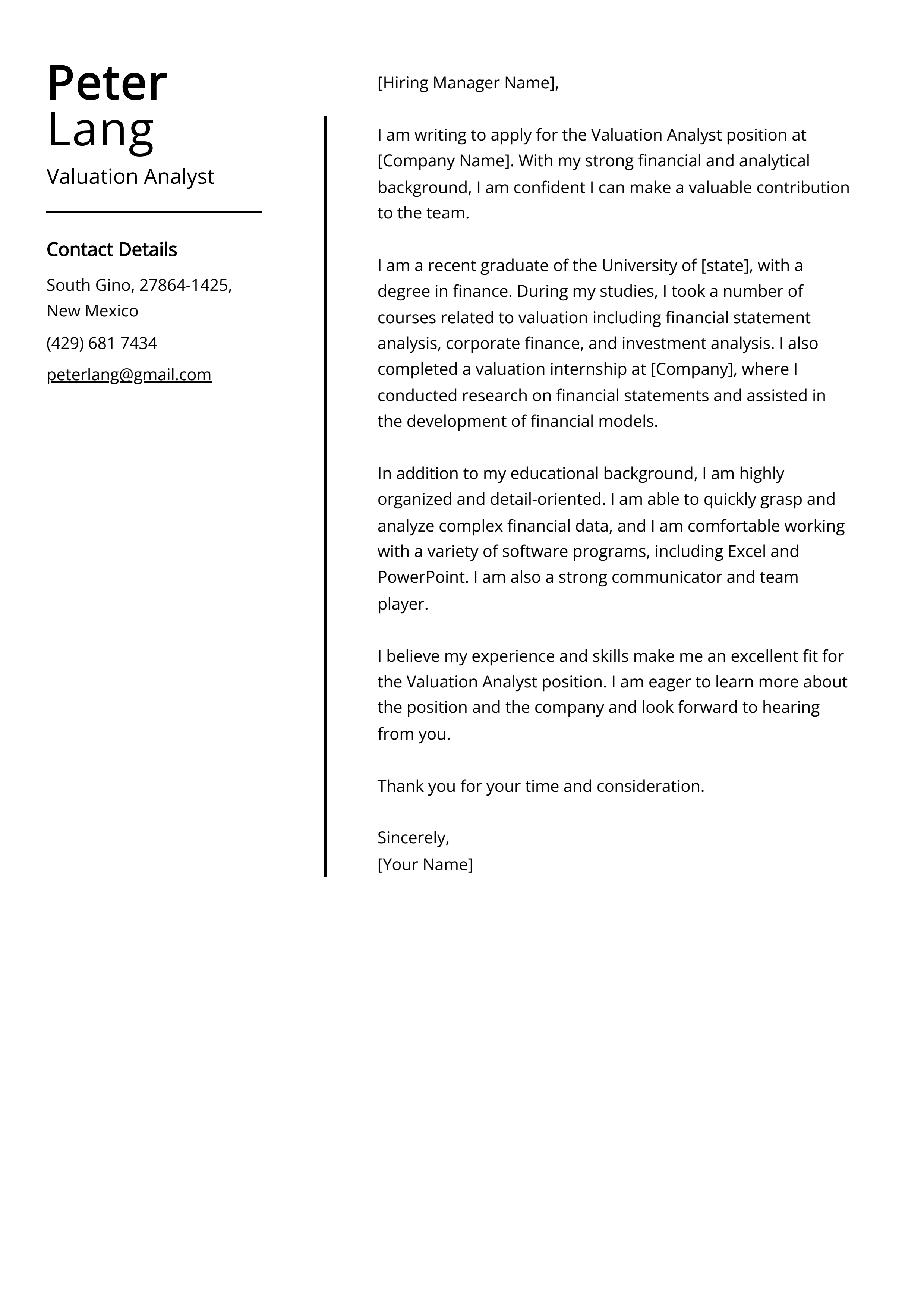 Valuation Analyst Cover Letter Example