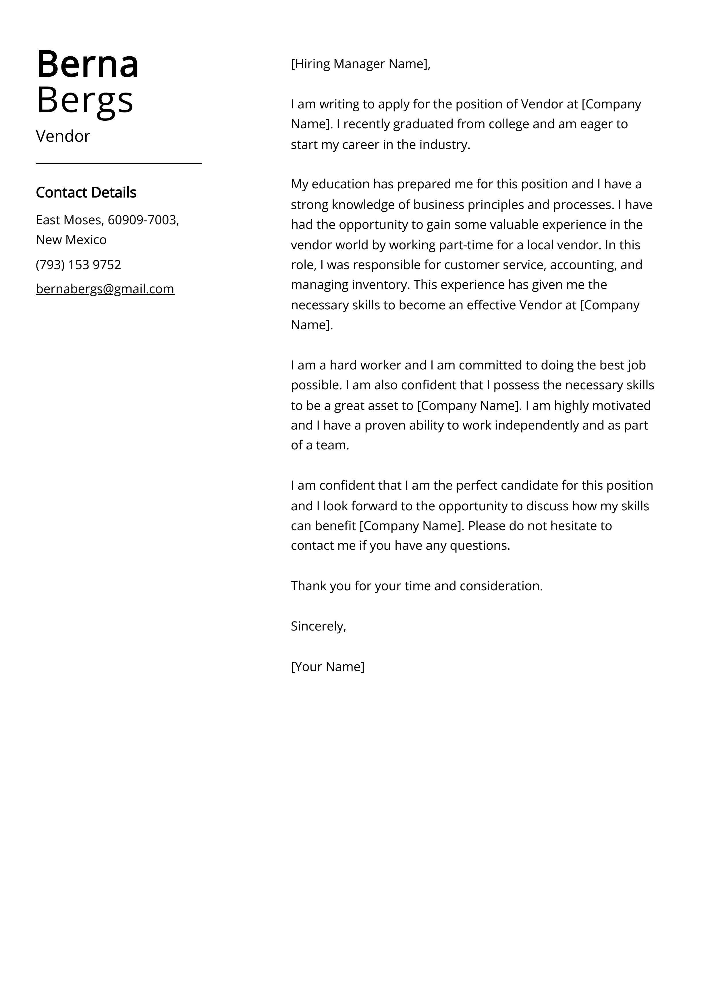 Vendor Cover Letter Example