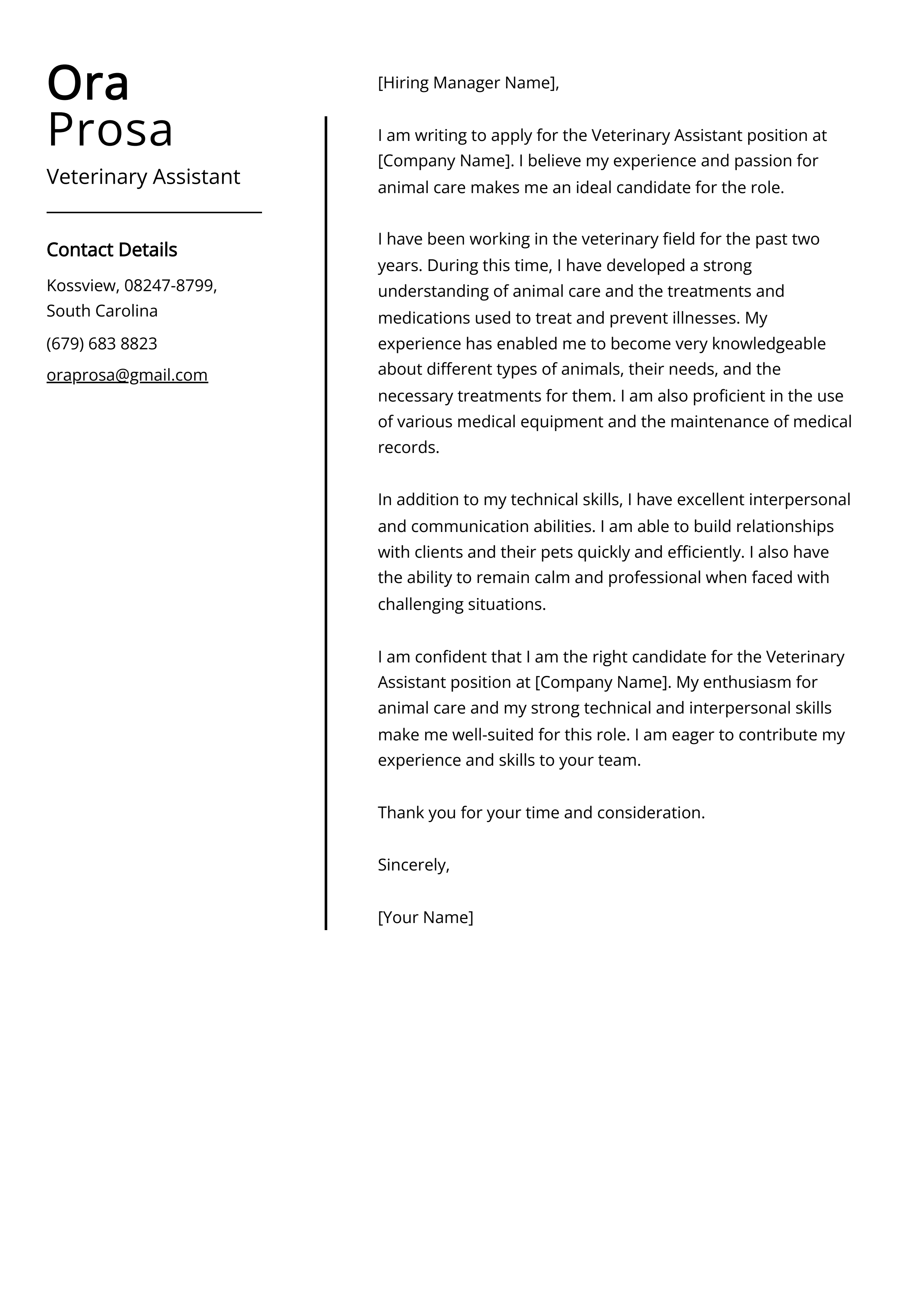 Veterinary Assistant Cover Letter Example