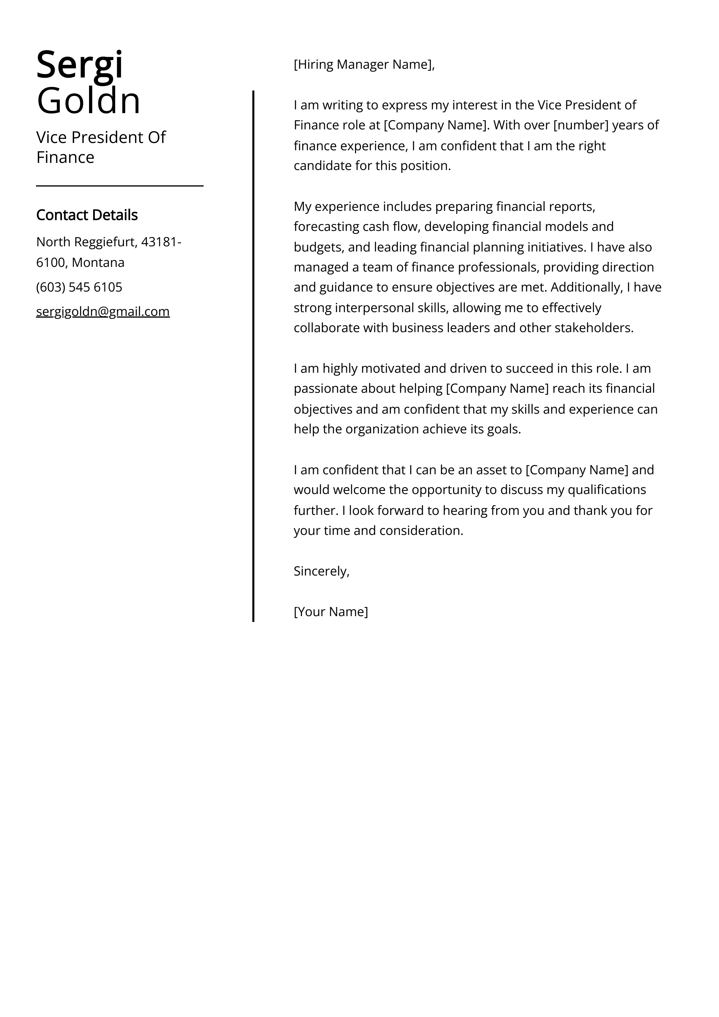 Vice President Of Finance Cover Letter Example