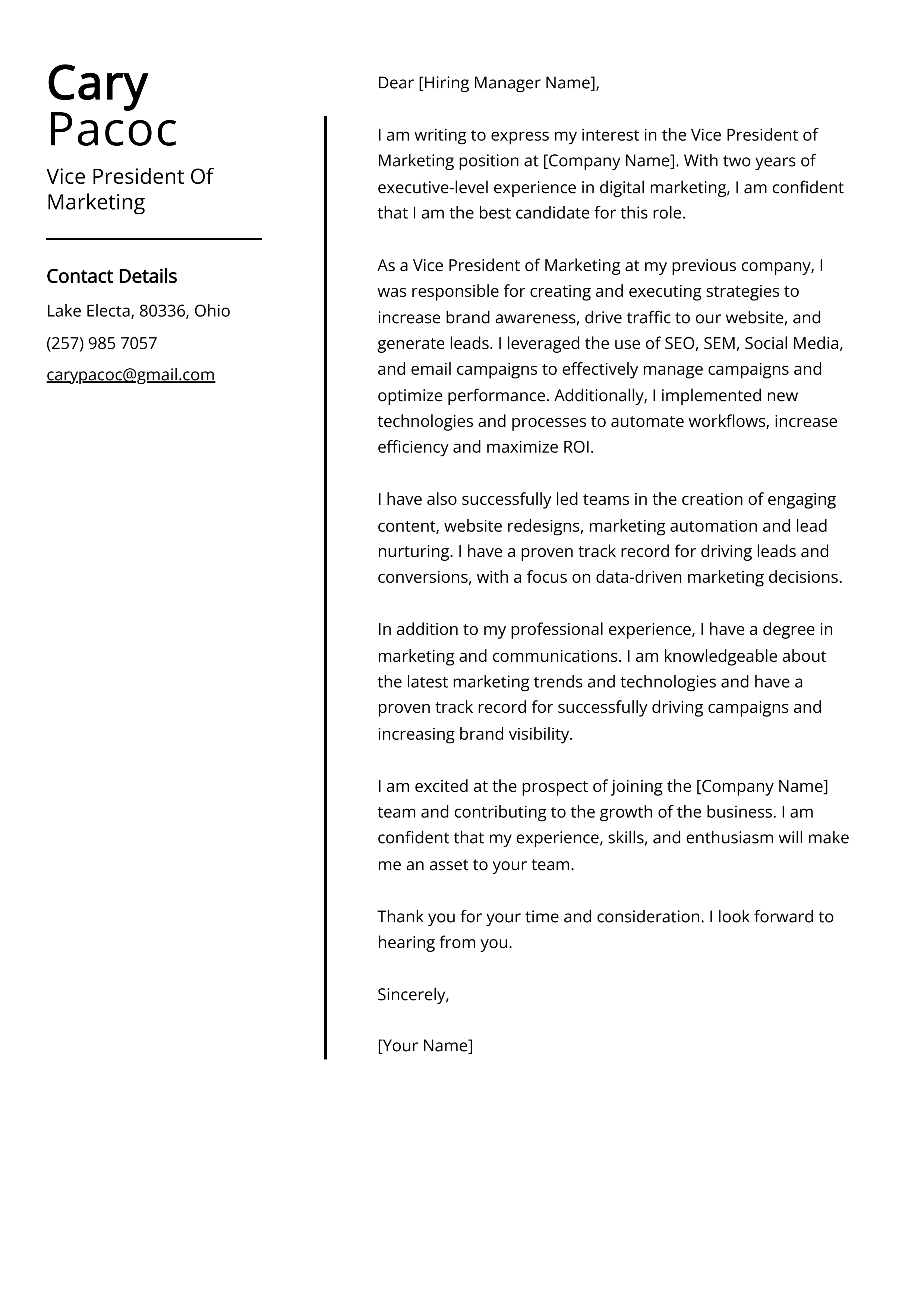 Vice President Of Marketing Cover Letter Example