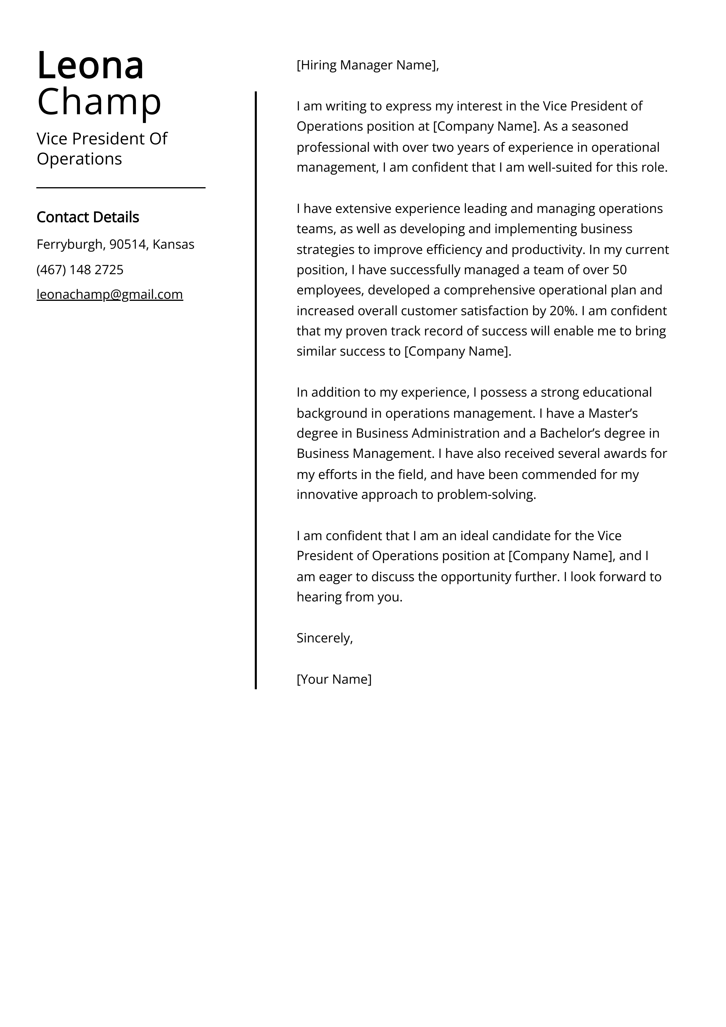 Vice President Of Operations Cover Letter Example