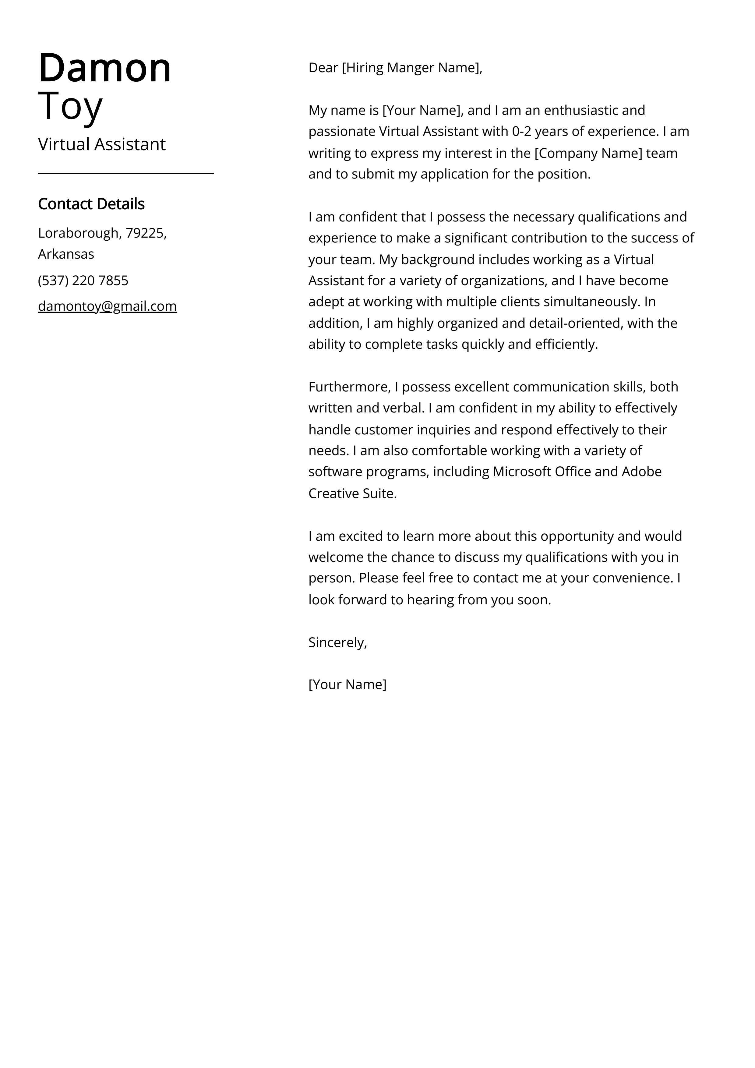 Virtual Assistant Cover Letter Example