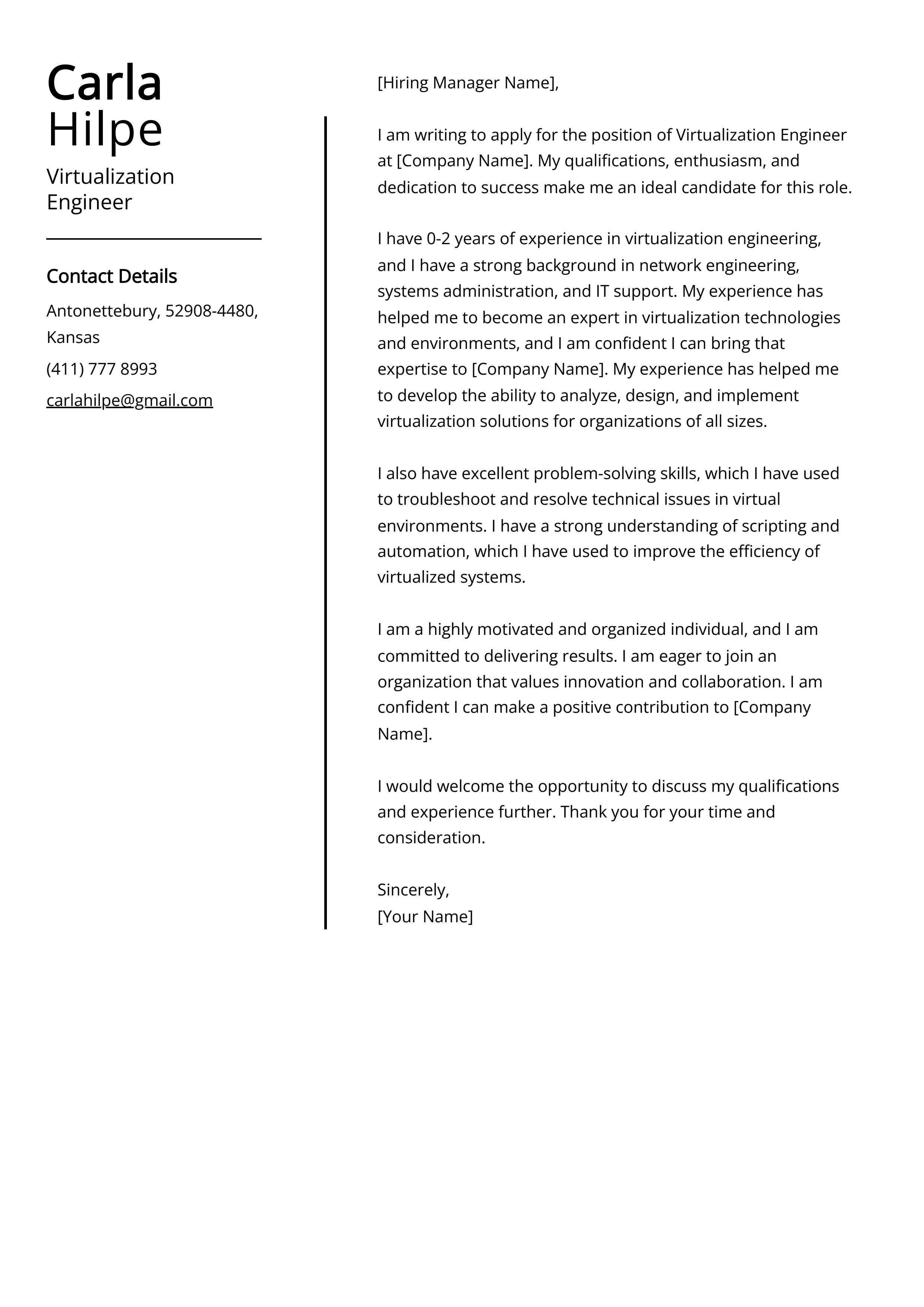 Virtualization Engineer Cover Letter Example
