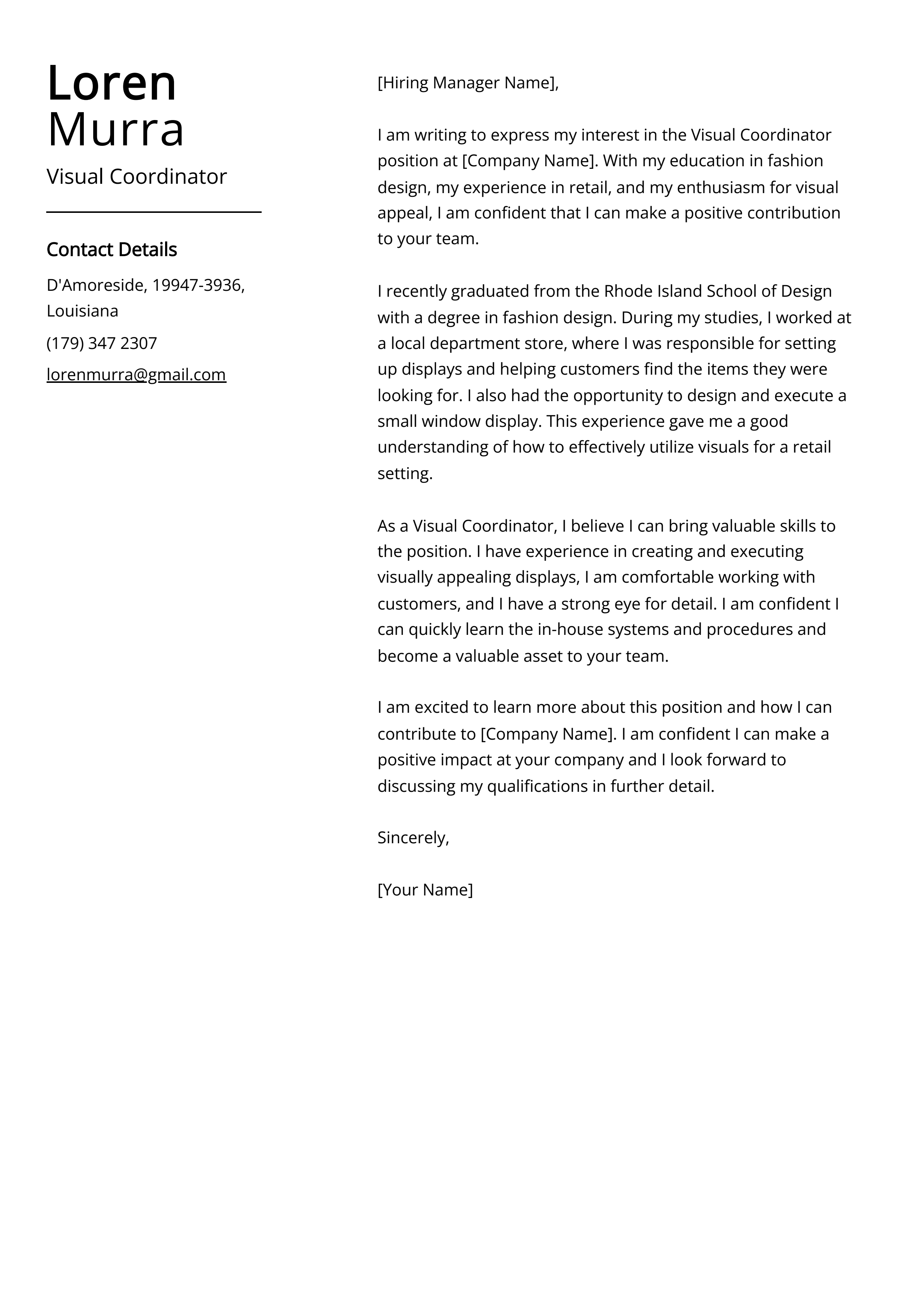 Visual Coordinator Cover Letter Example