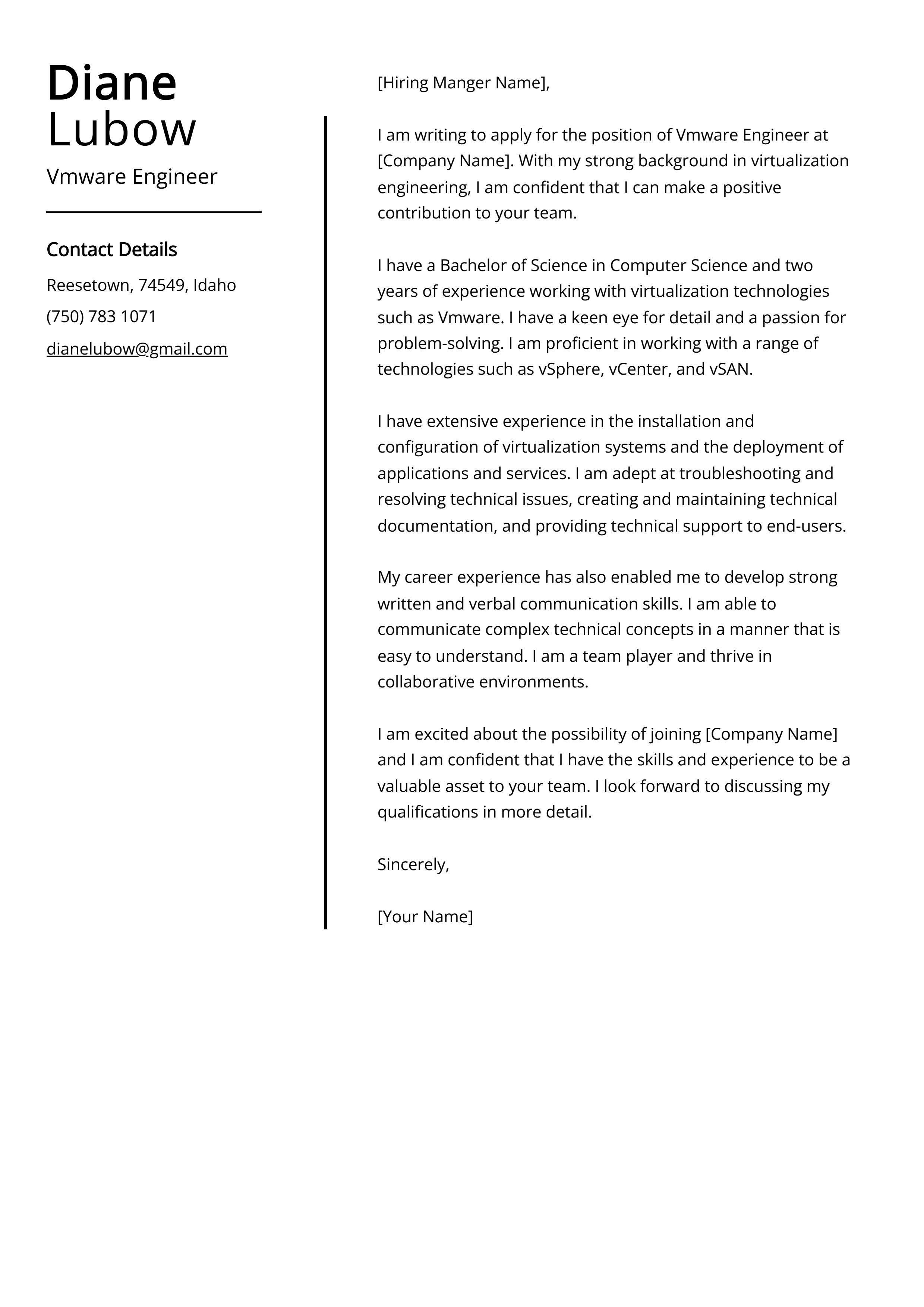 Vmware Engineer Cover Letter Example