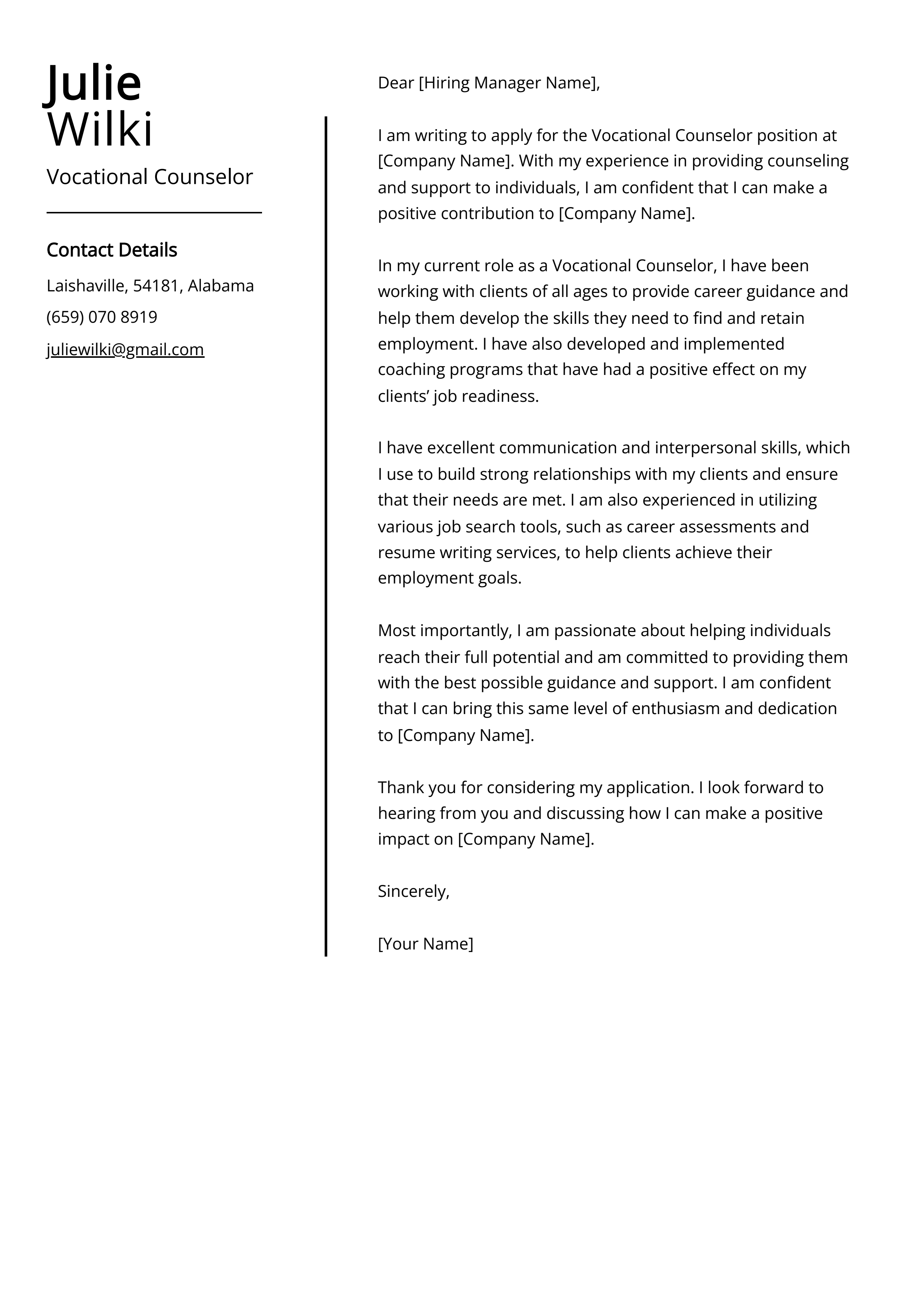 Vocational Counselor Cover Letter Example