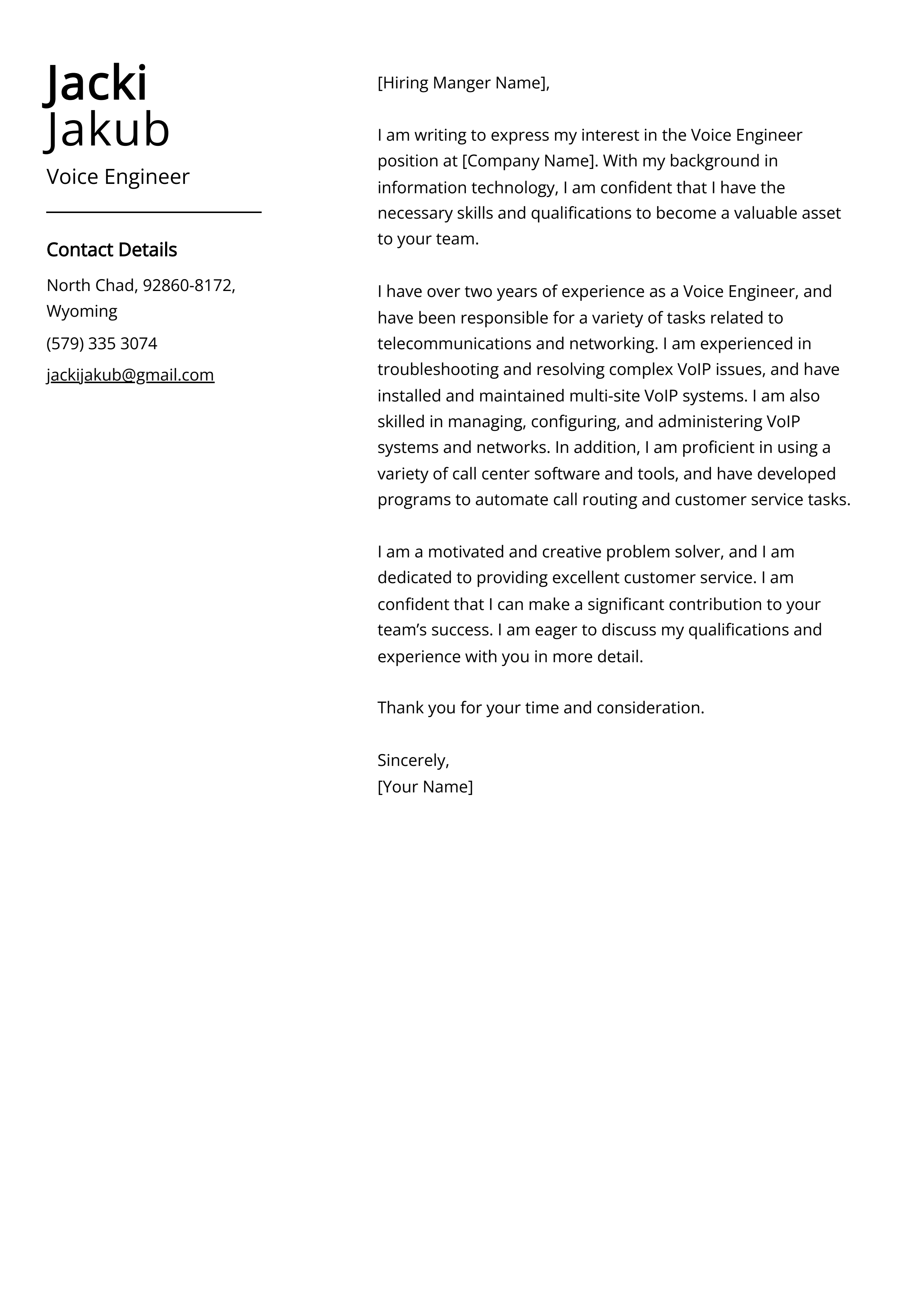 Voice Engineer Cover Letter Example